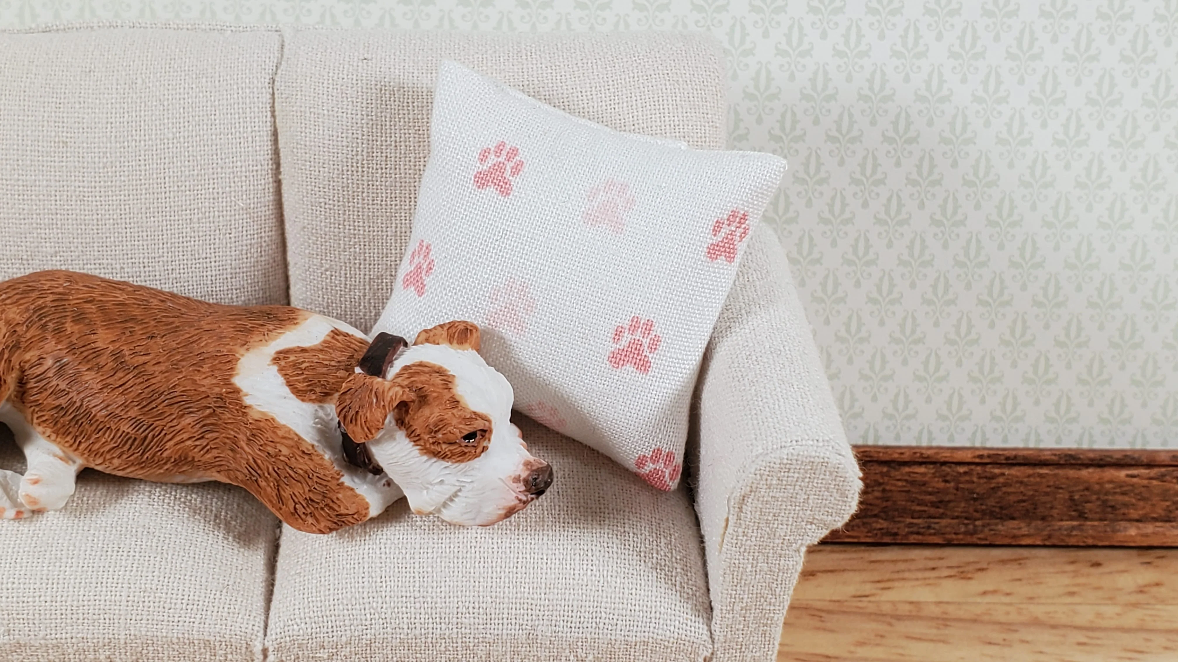 Dollhouse Pillow with Paw Prints White and Pink Handmade 1:12 Scale Miniature - Image 2