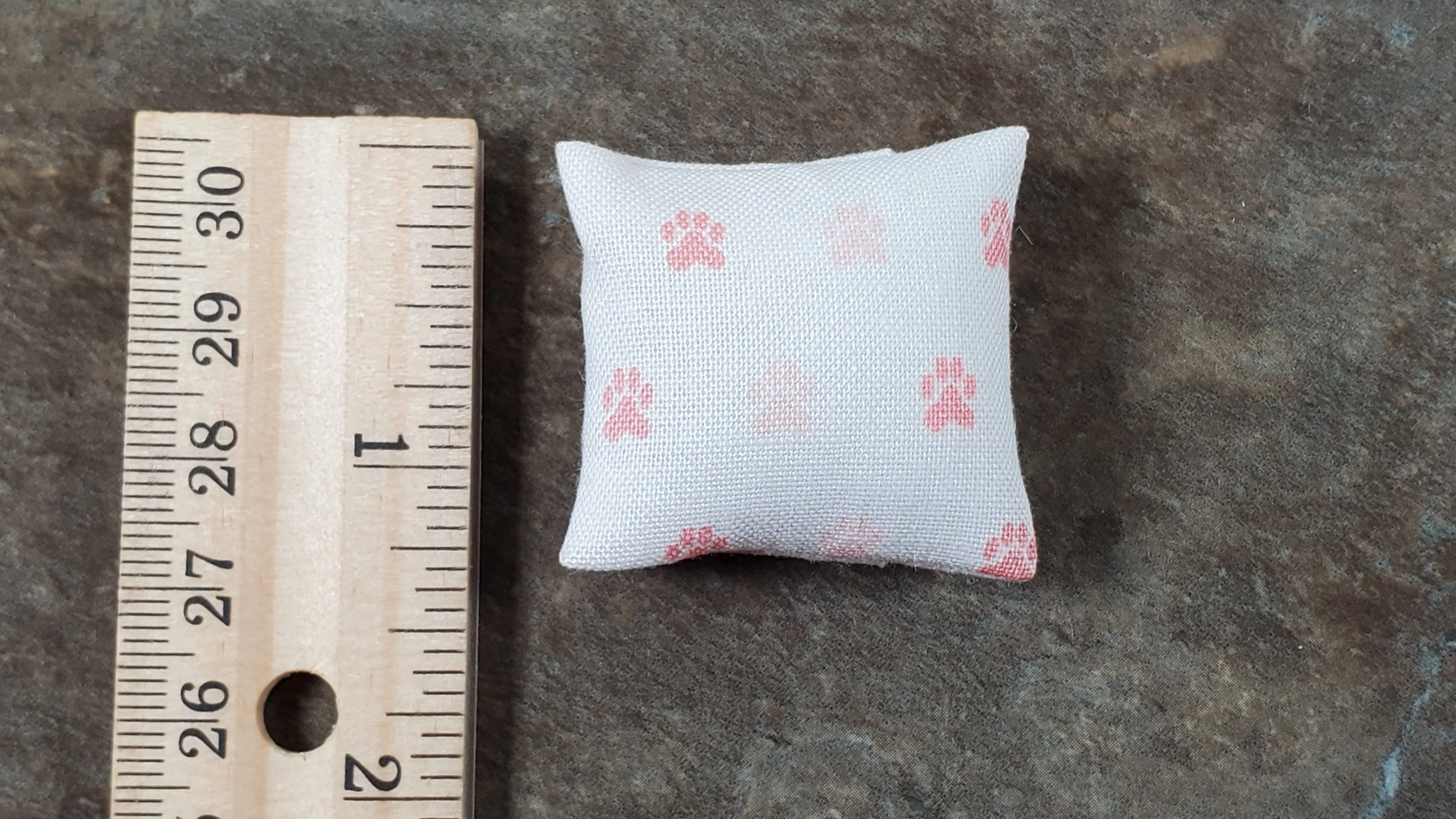 Dollhouse Pillow with Paw Prints White and Pink Handmade 1:12 Scale Miniature - Image 3