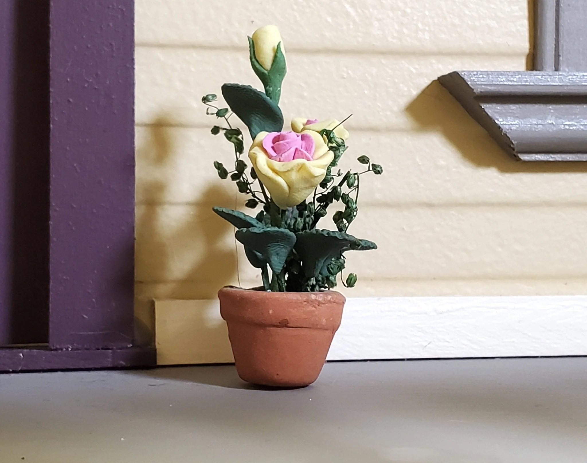 Dollhouse Pink and Yellow Roses Flowers Potted in Terra Cotta Pot 1:12 Scale - Image 2