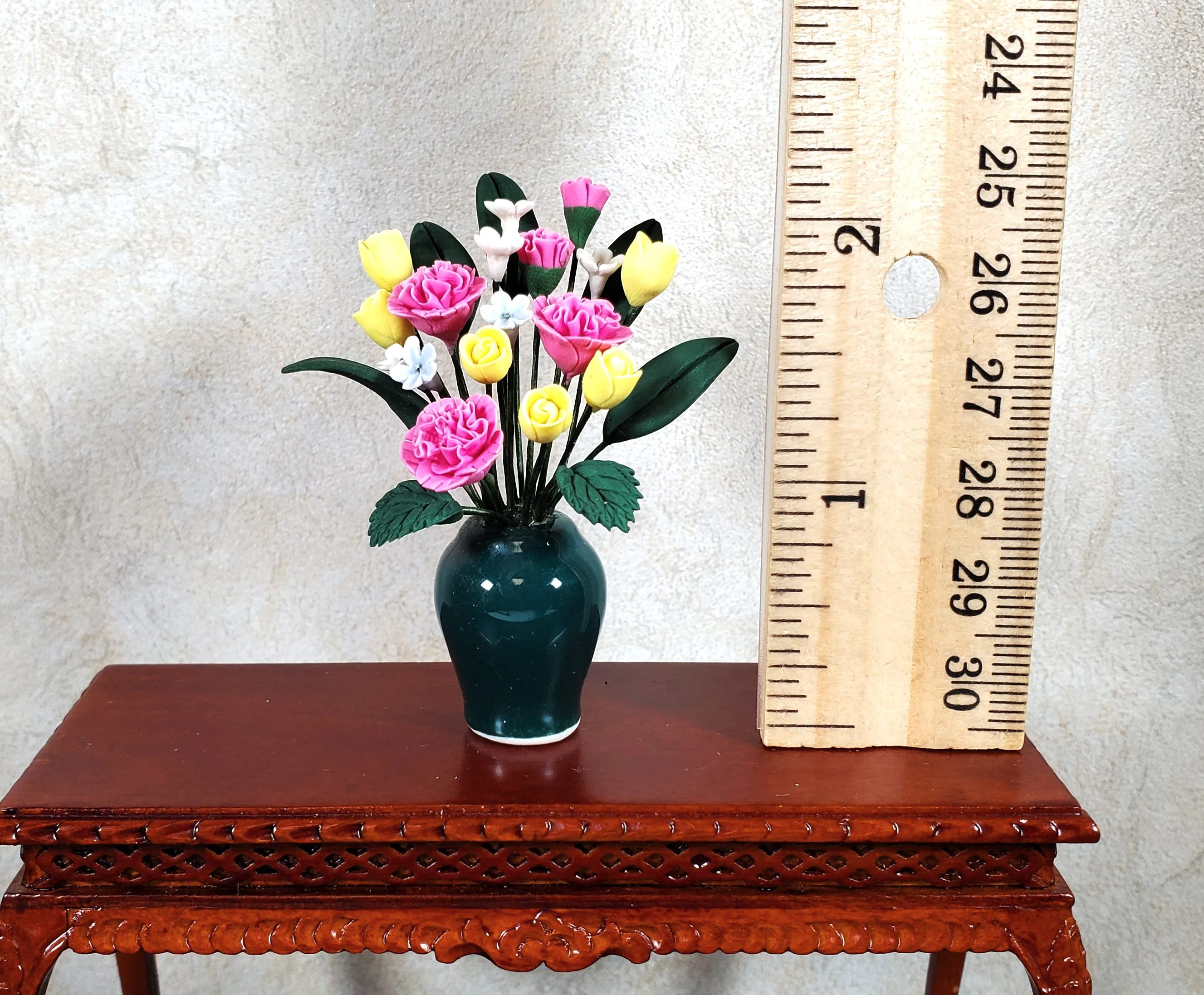 Dollhouse Pink Carnations Assortment in Ceramic Green Vase 1:12 Scale Miniature - Image 3