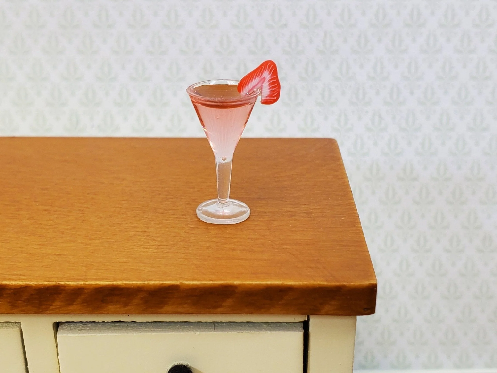 Dollhouse Pink Cocktail Drink with Strawberry Slice 1:12 Scale Miniature Food