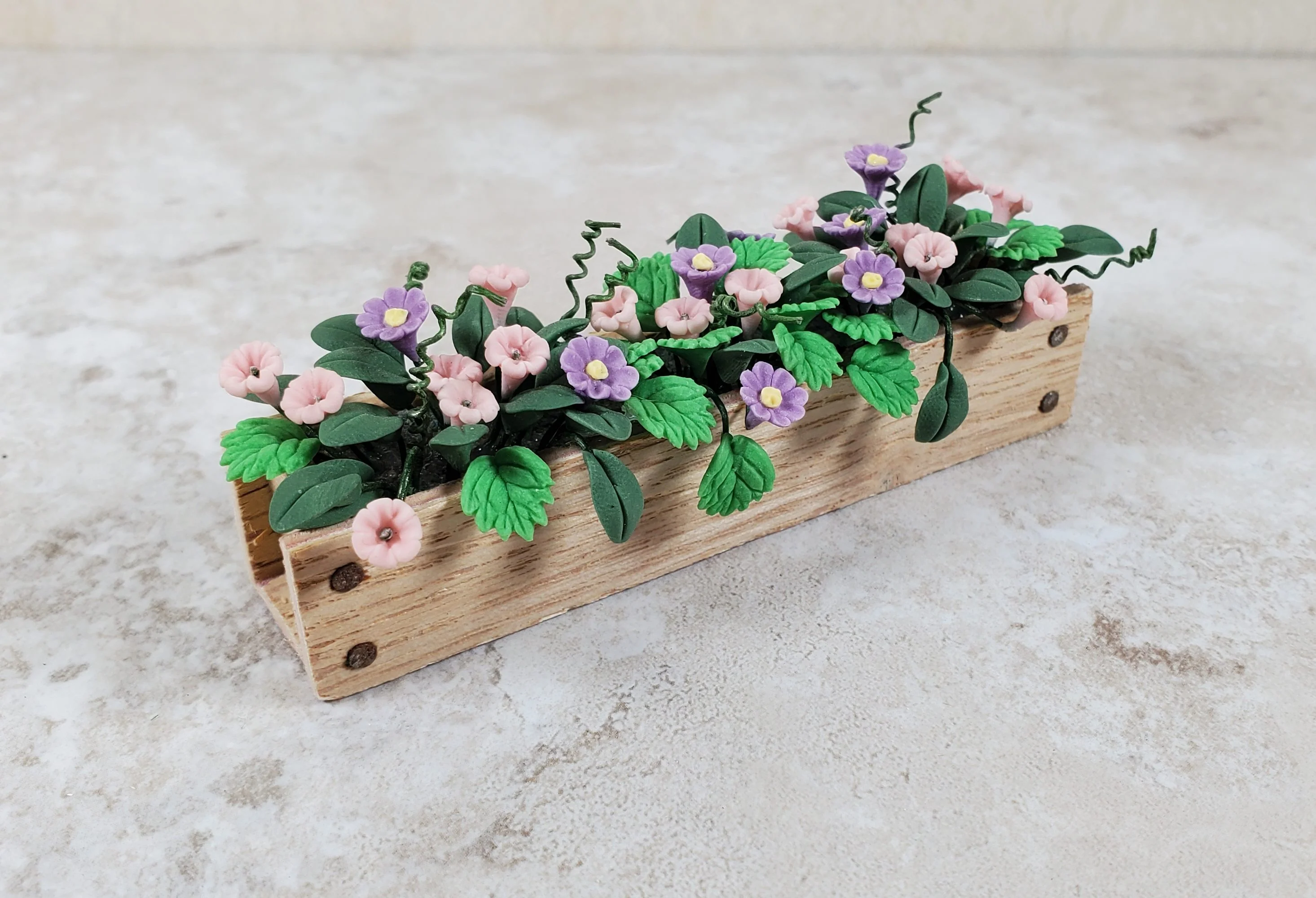 Dollhouse Pink & Purple Trumpet Flowers in a Wood Planter 1:12 Scale Miniature - Image 2