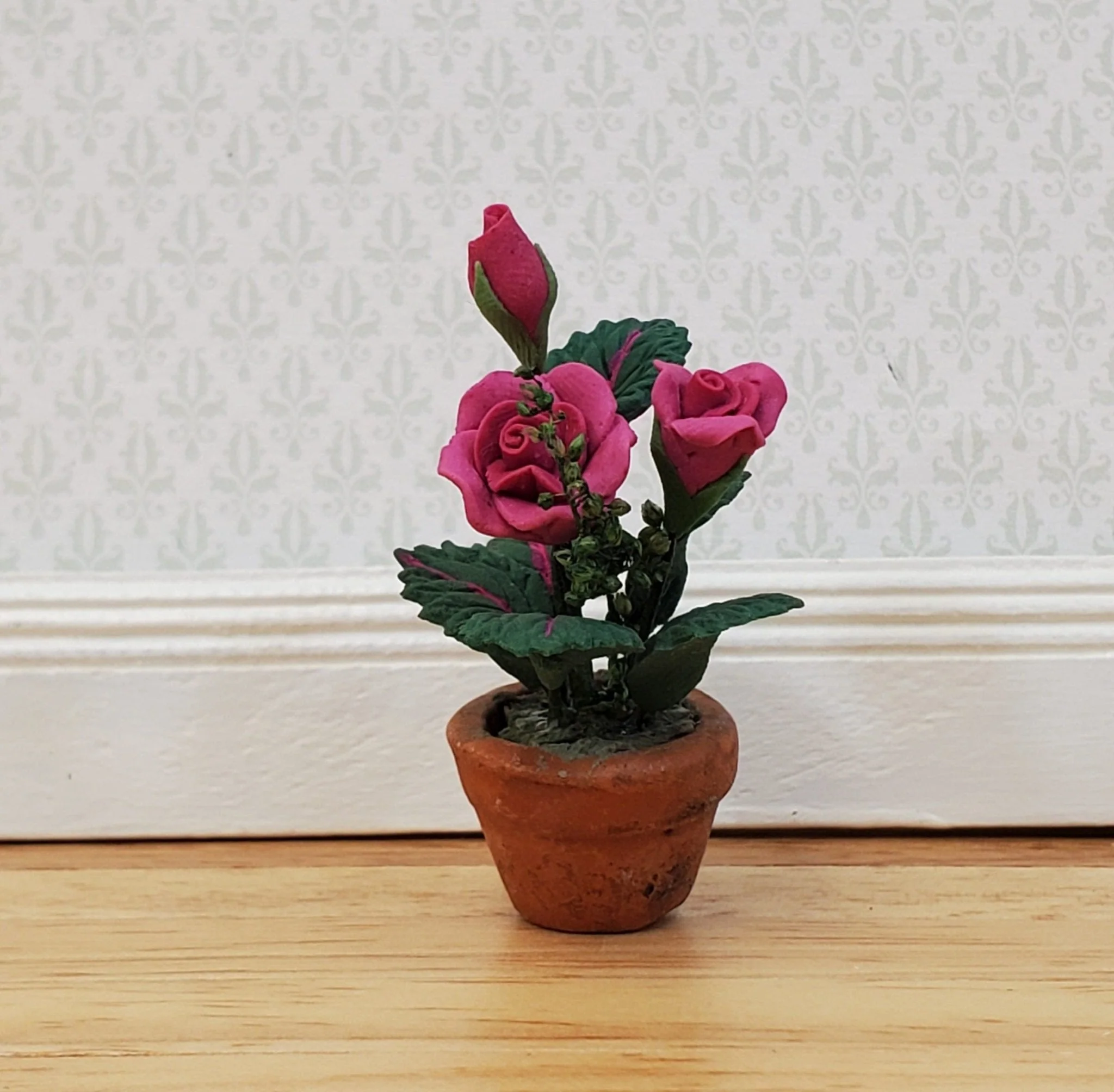 Dollhouse Pink Roses Flowers Potted in Terra Cotta Pot 1:12 Scale Miniature Plant