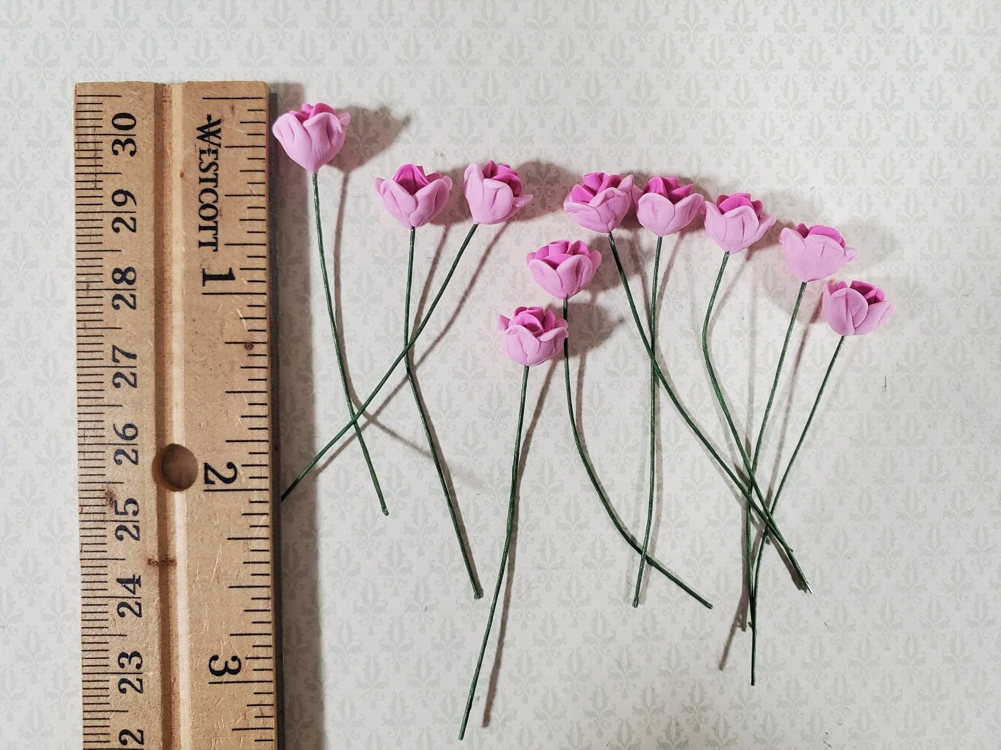 Dollhouse Pink Roses Flowers Set of 10 with Stems 1:12 Scale Miniature Garden - Image 2