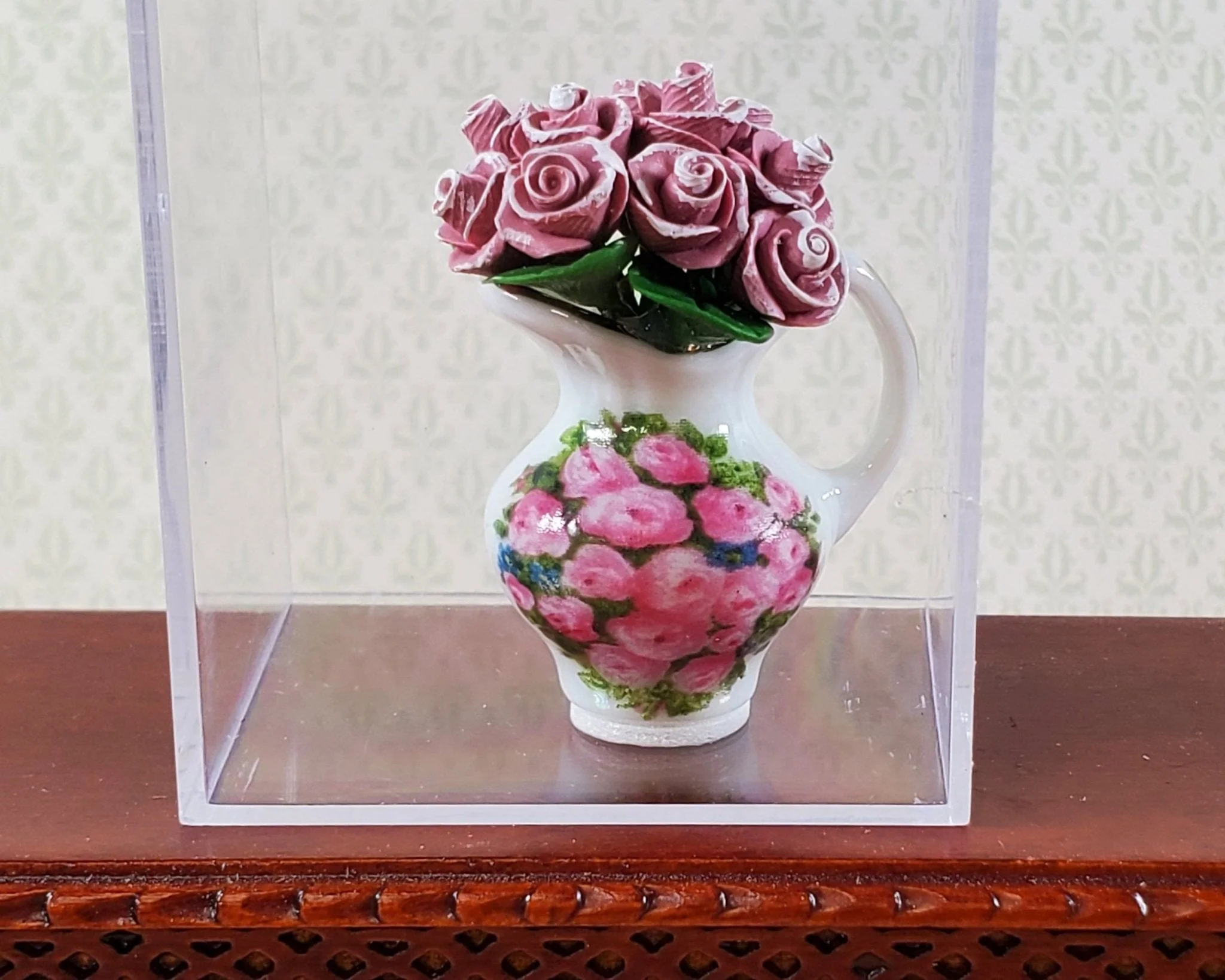 Dollhouse Pink Roses In Reutter Porcelain Pitcher Vase 1:12 Scale Miniature