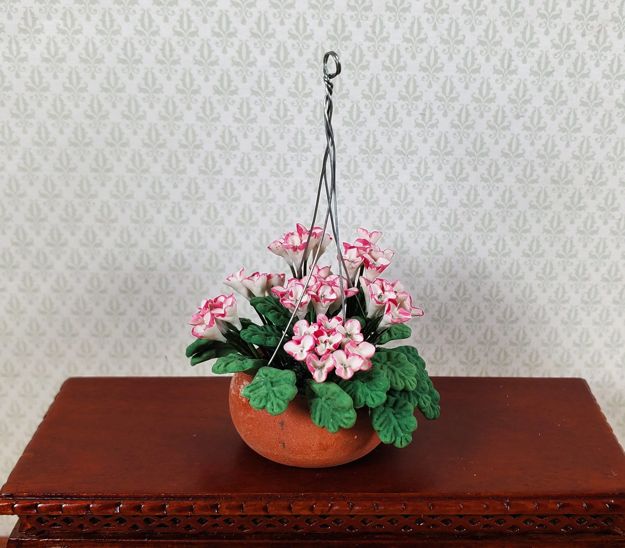 Dollhouse Pink & White Flowers in a Clay Hanging Planter 1:12 Scale Miniature