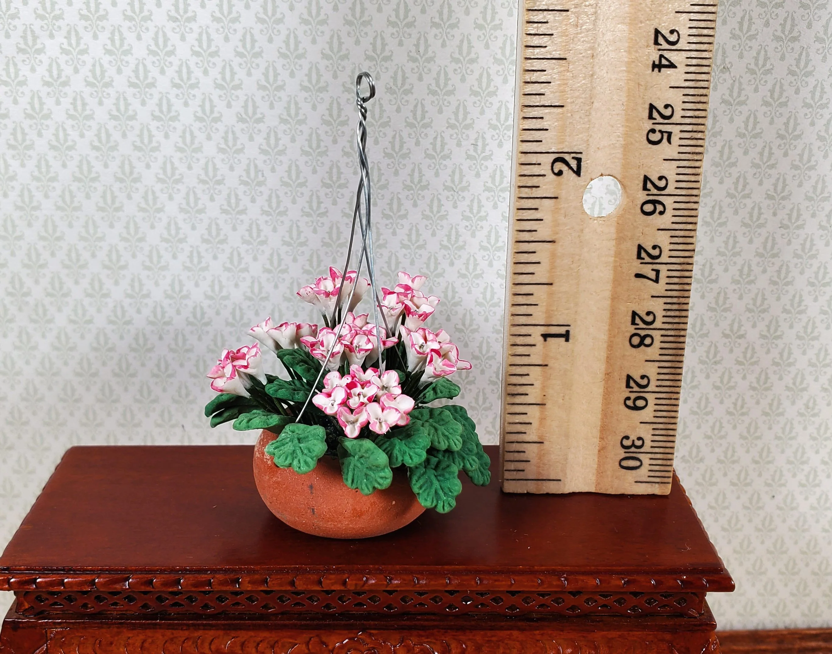 Dollhouse Pink & White Flowers in a Clay Hanging Planter 1:12 Scale Miniature - Image 3