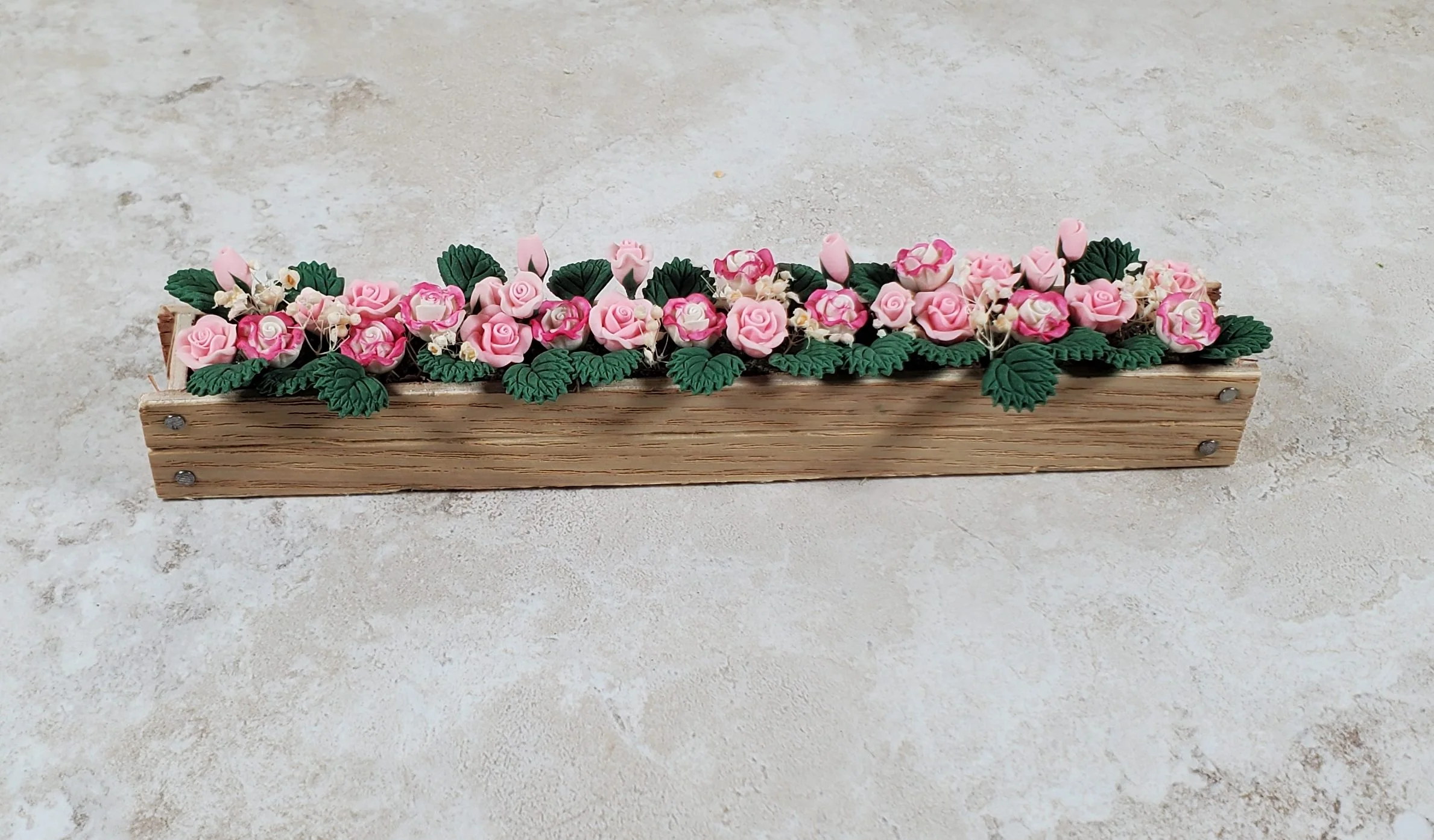 Dollhouse Pink & White Roses in a 5.5" Window Box Planter 1:12 Scale Miniature