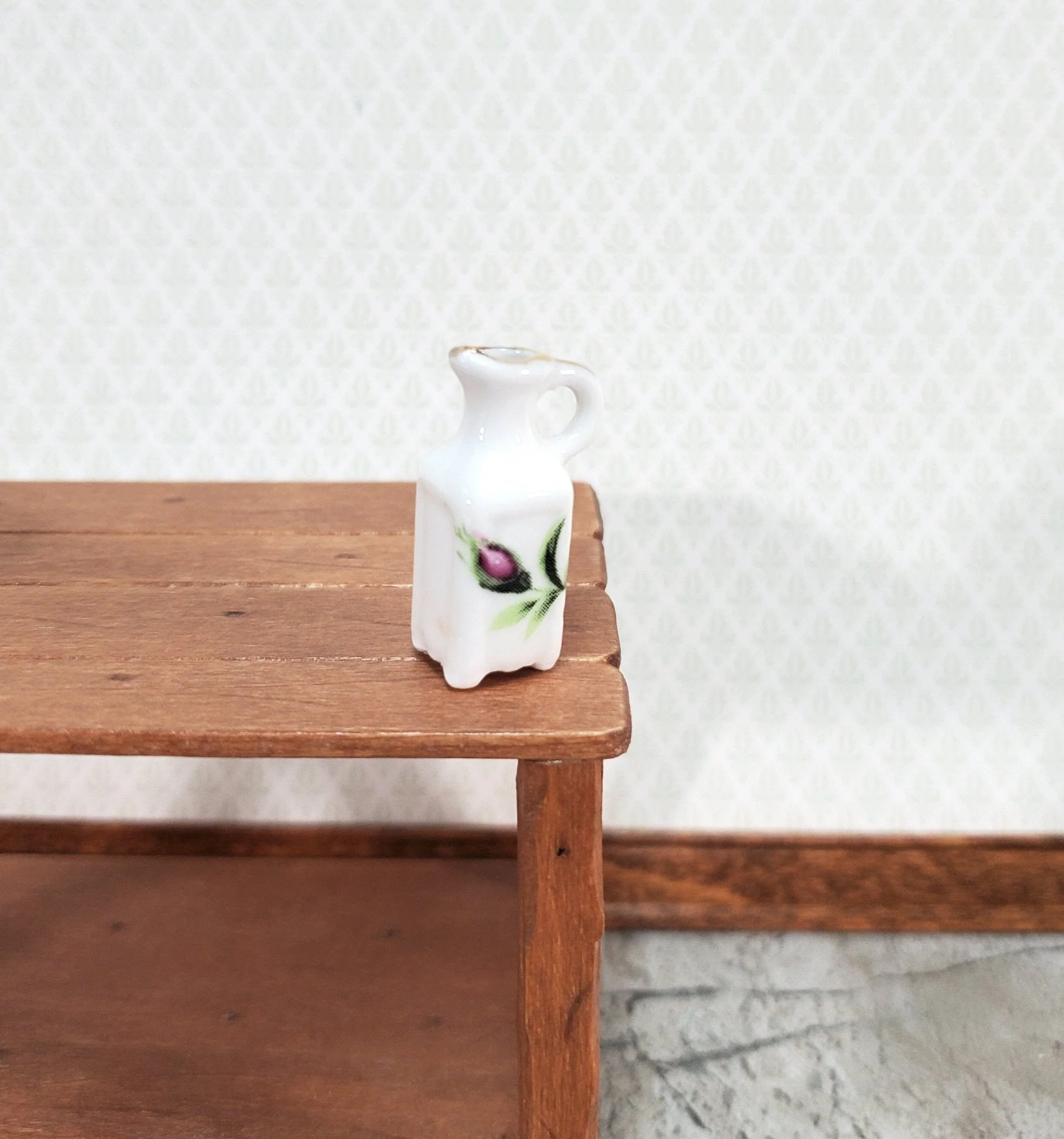 Dollhouse Pitcher with Handle White Floral with Gold Ceramic 1:12 Scale Miniature - Image 2