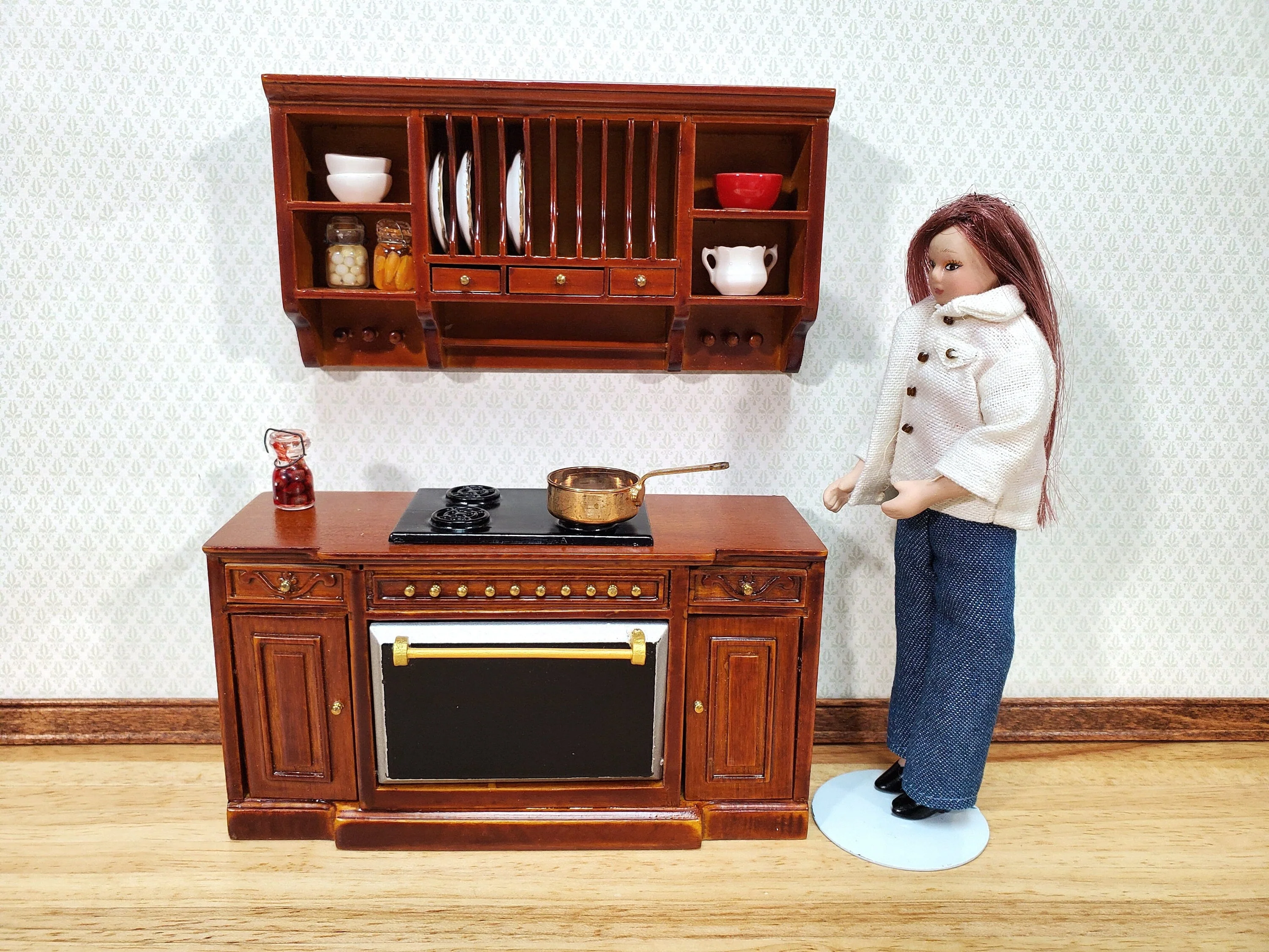 Dollhouse Plate Rack Shelf Kitchen Walnut with Drawers and Shelves 1:12 Scale Miniature - Image 3