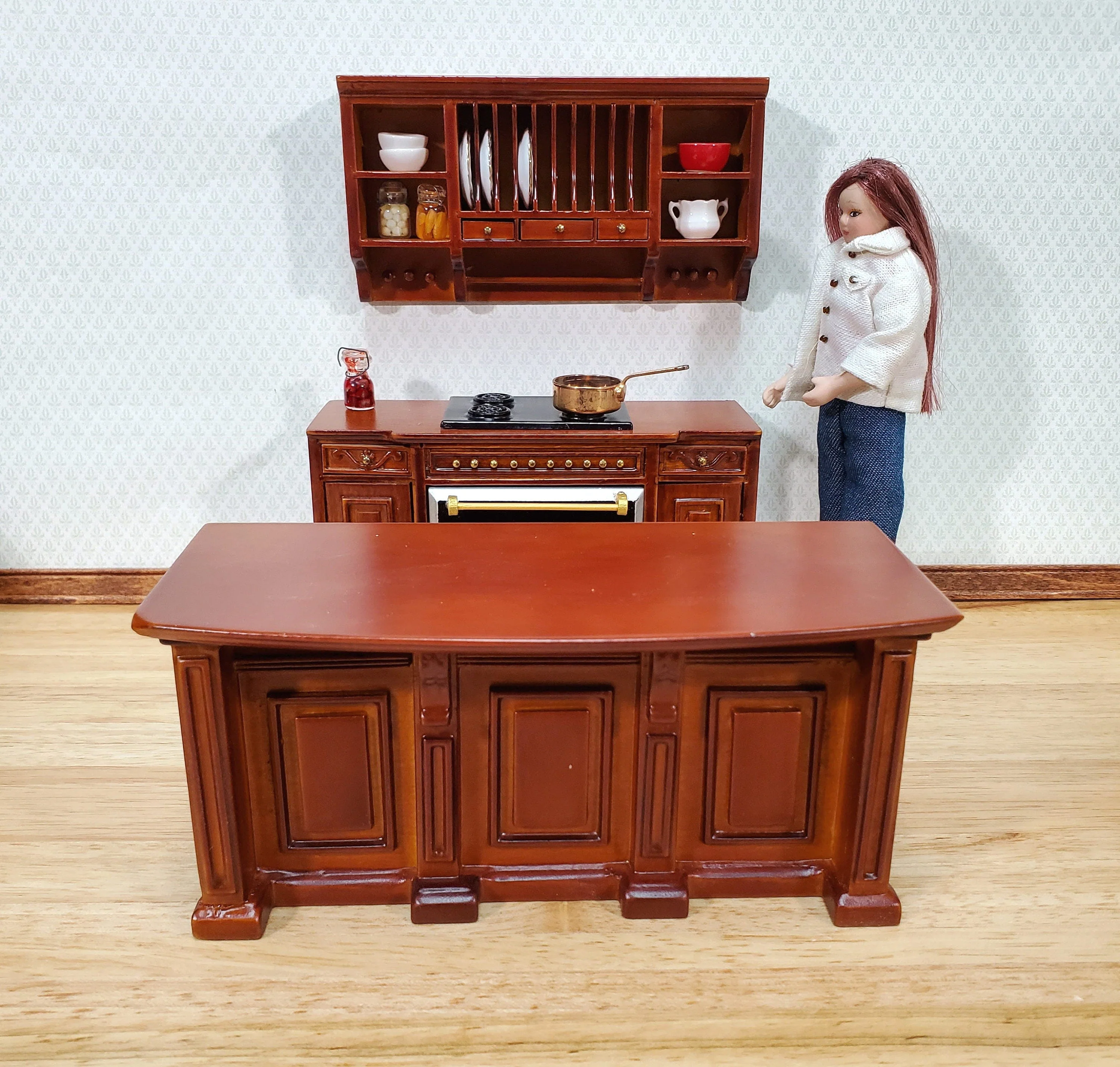 Dollhouse Plate Rack Shelf Kitchen Walnut with Drawers and Shelves 1:12 Scale Miniature - Image 4