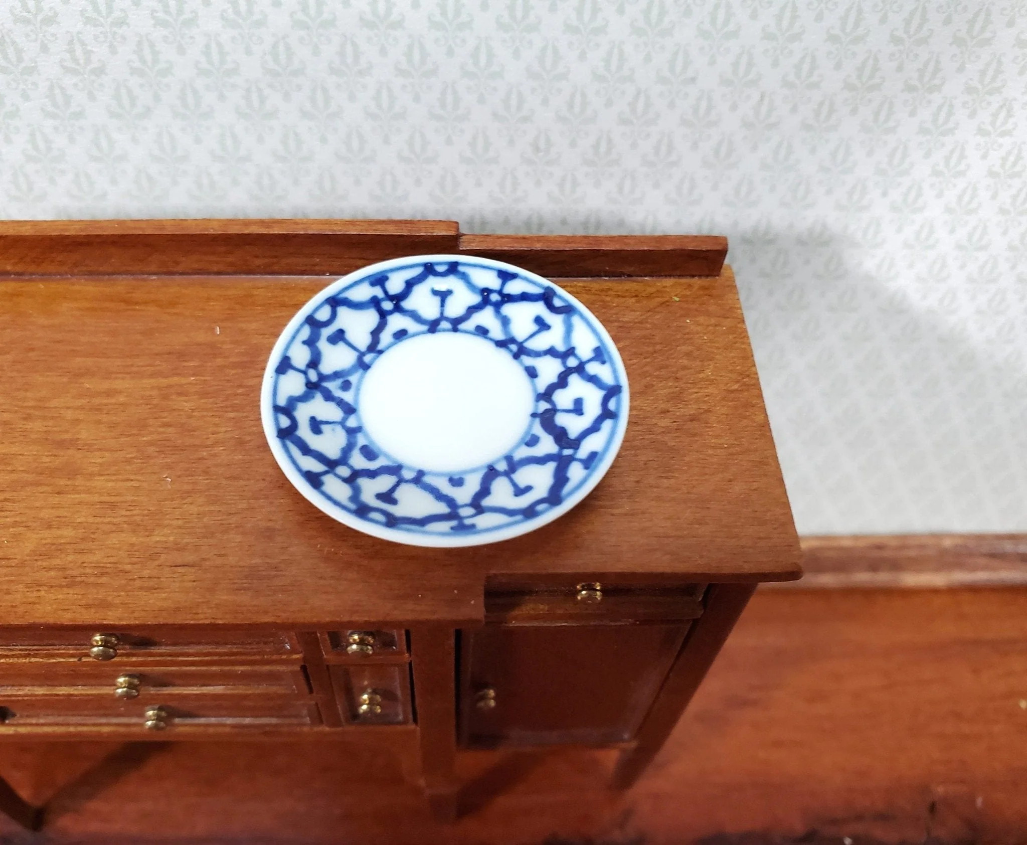 Dollhouse Platter Large Plate Ceramic Blue & White Design Miniature 1 1/4"