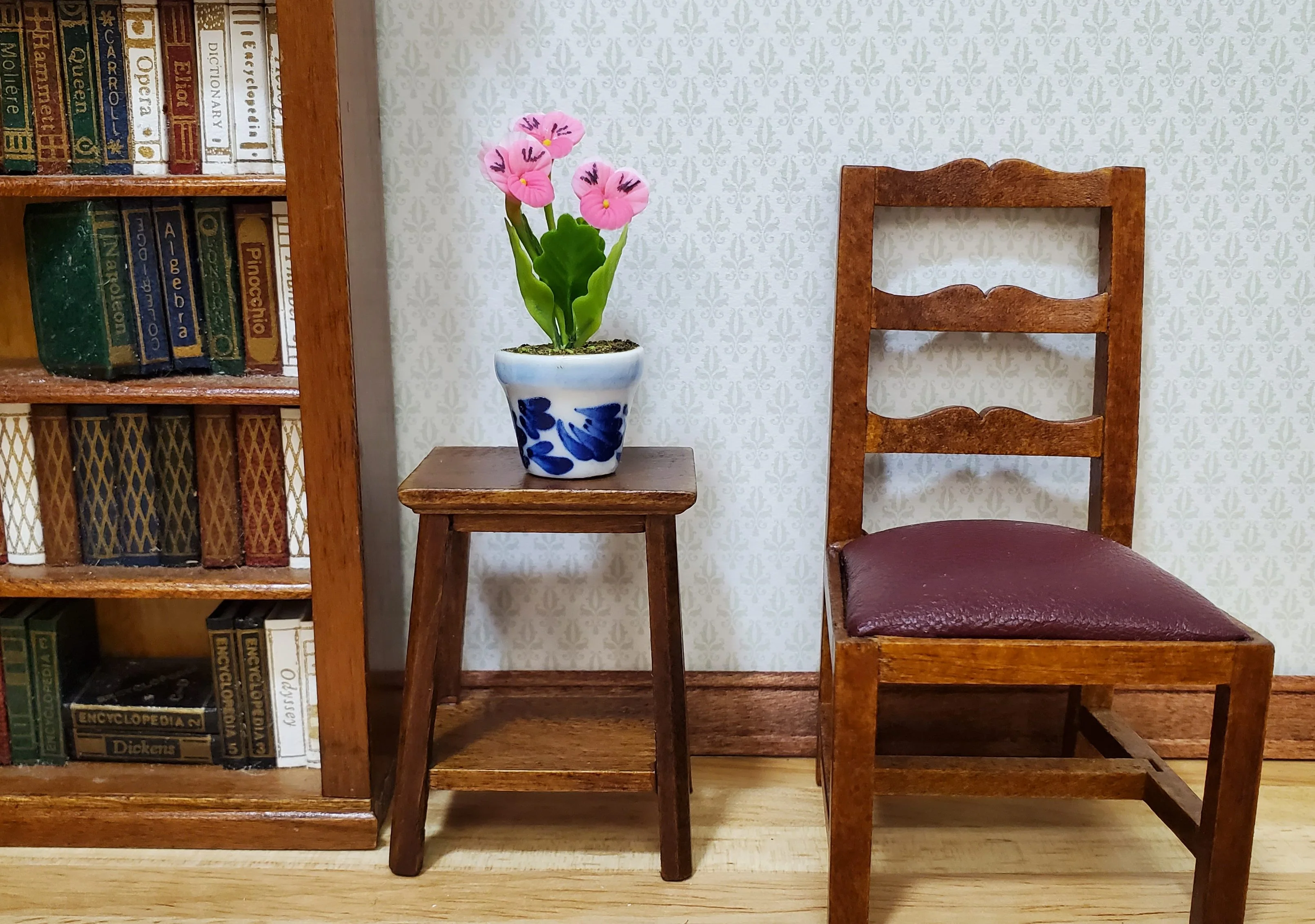 Dollhouse Potted Pink Pansies Flower 1:12 Scale Miniature Blue White Ceramic Pot - Image 2