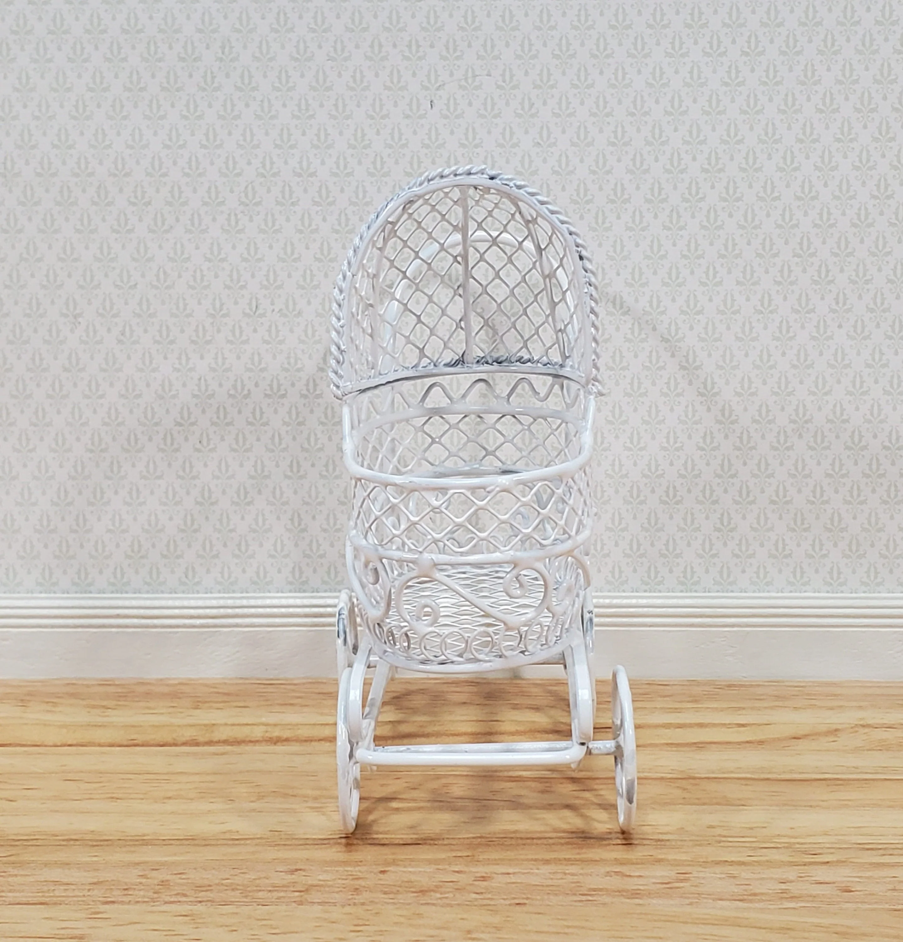 Dollhouse Pram Stroller Carriage White Metal Wire 1:12 Scale Nursery Miniature Furniture - Image 2