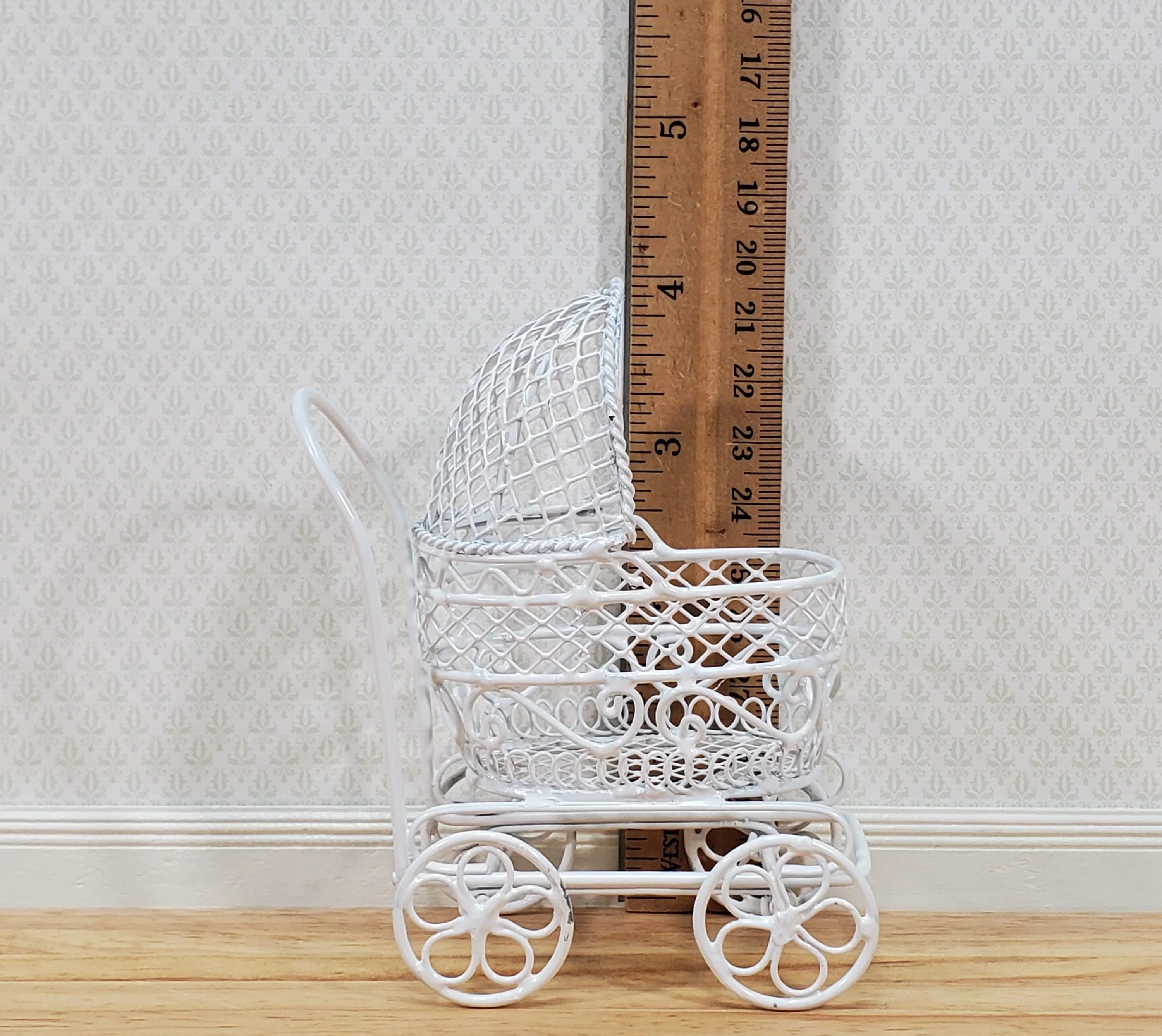 Dollhouse Pram Stroller Carriage White Metal Wire 1:12 Scale Nursery Miniature Furniture - Image 6