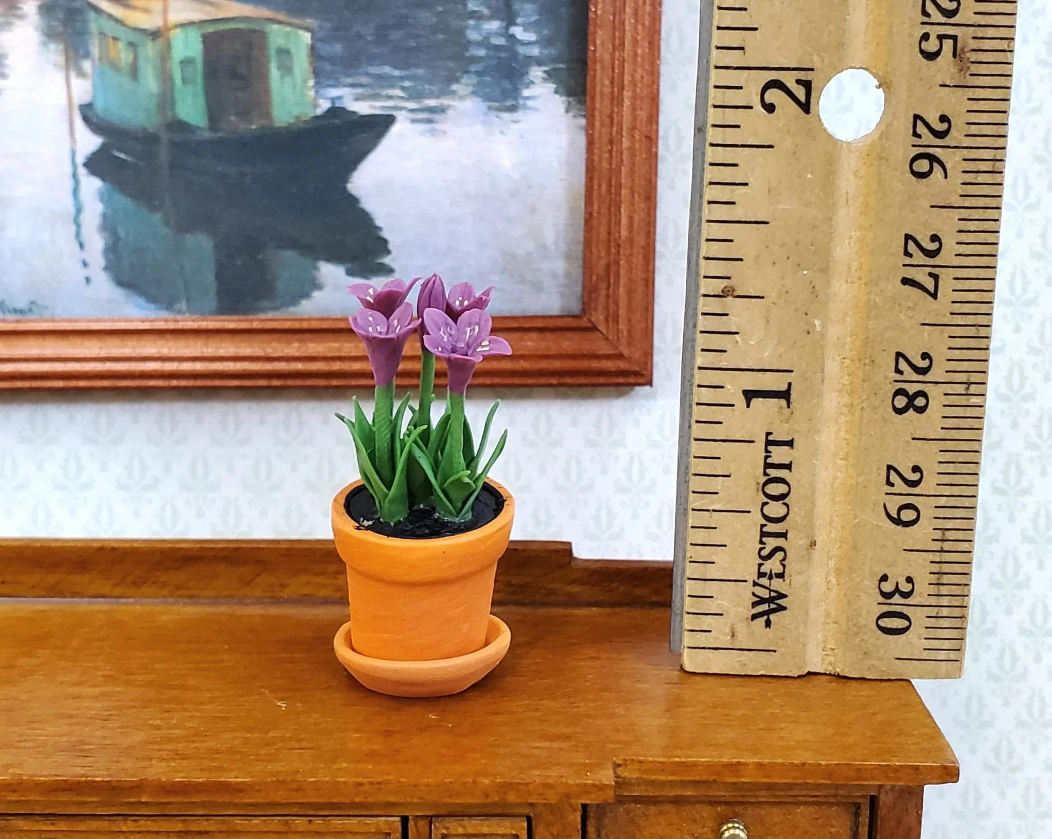 Dollhouse Purple Flowers Lilies in Terra Cotta Planter Pot 1:12 Scale Garden Flowers by Falcon Miniatures - Image 3