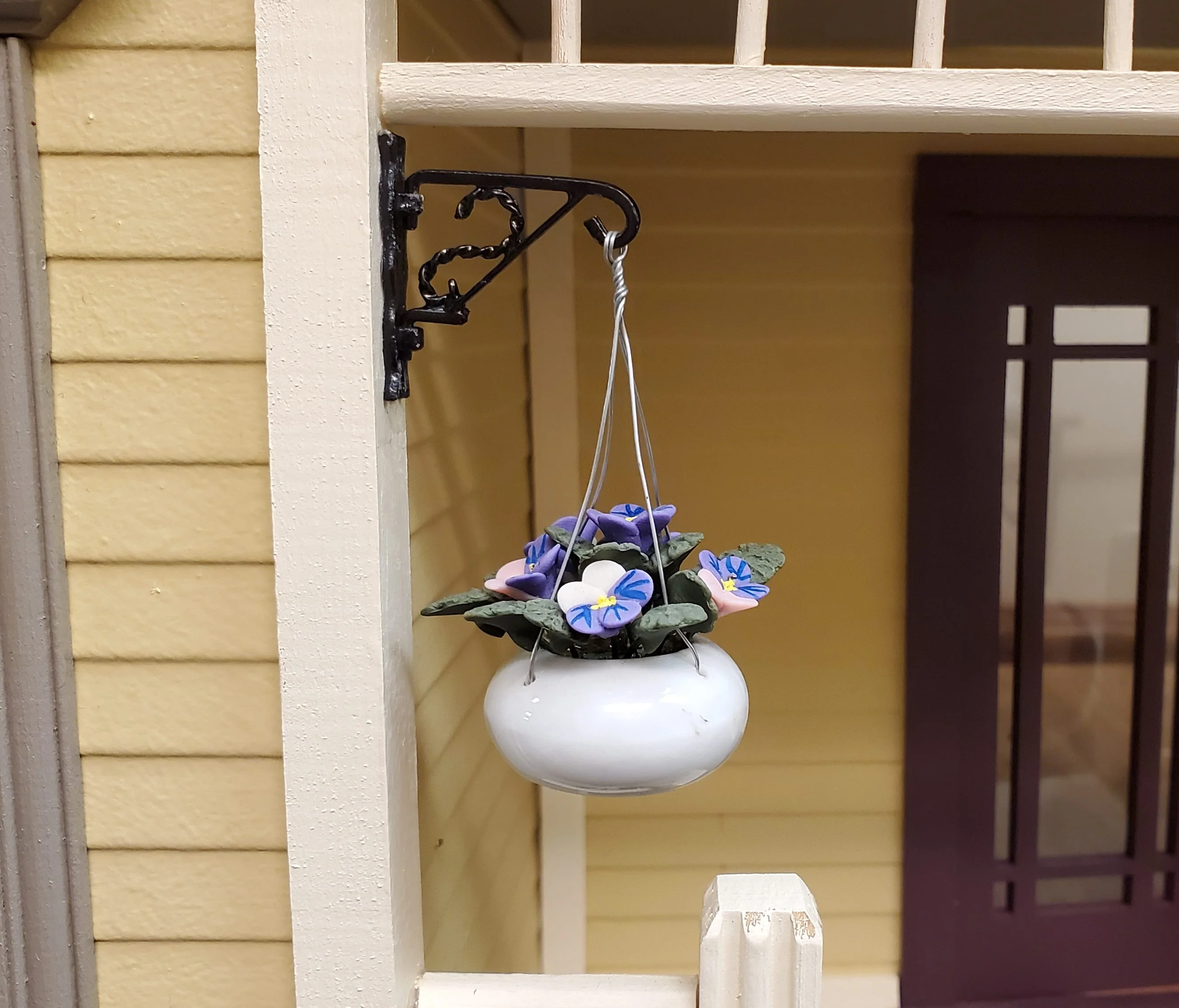 Dollhouse Purple Pansies in a Hanging White Planter 1:12 Scale Miniature Garden - Image 3
