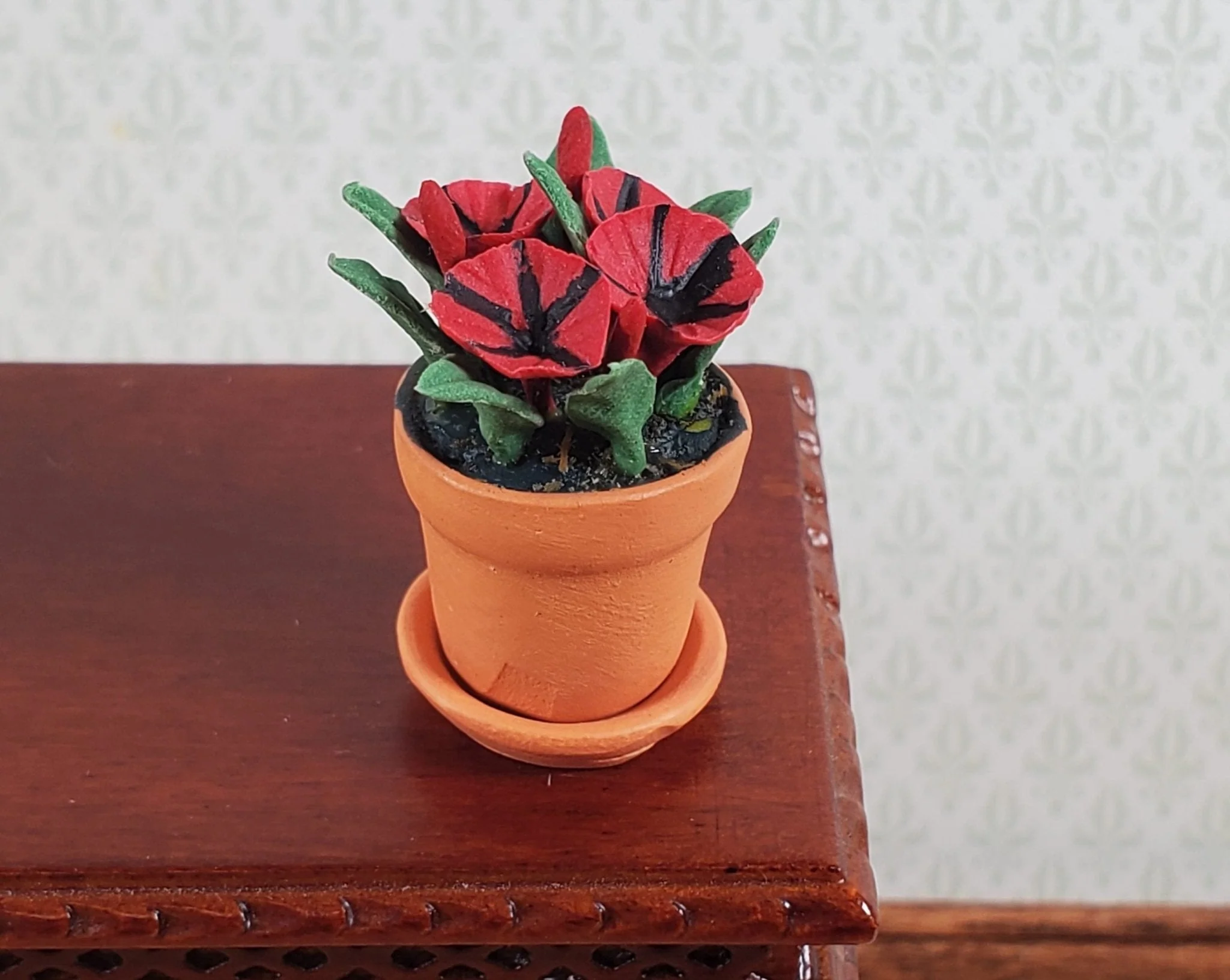 Dollhouse Red Petunias Flowers in Terra Cotta Planter Pot 1:12 Scale Flowers