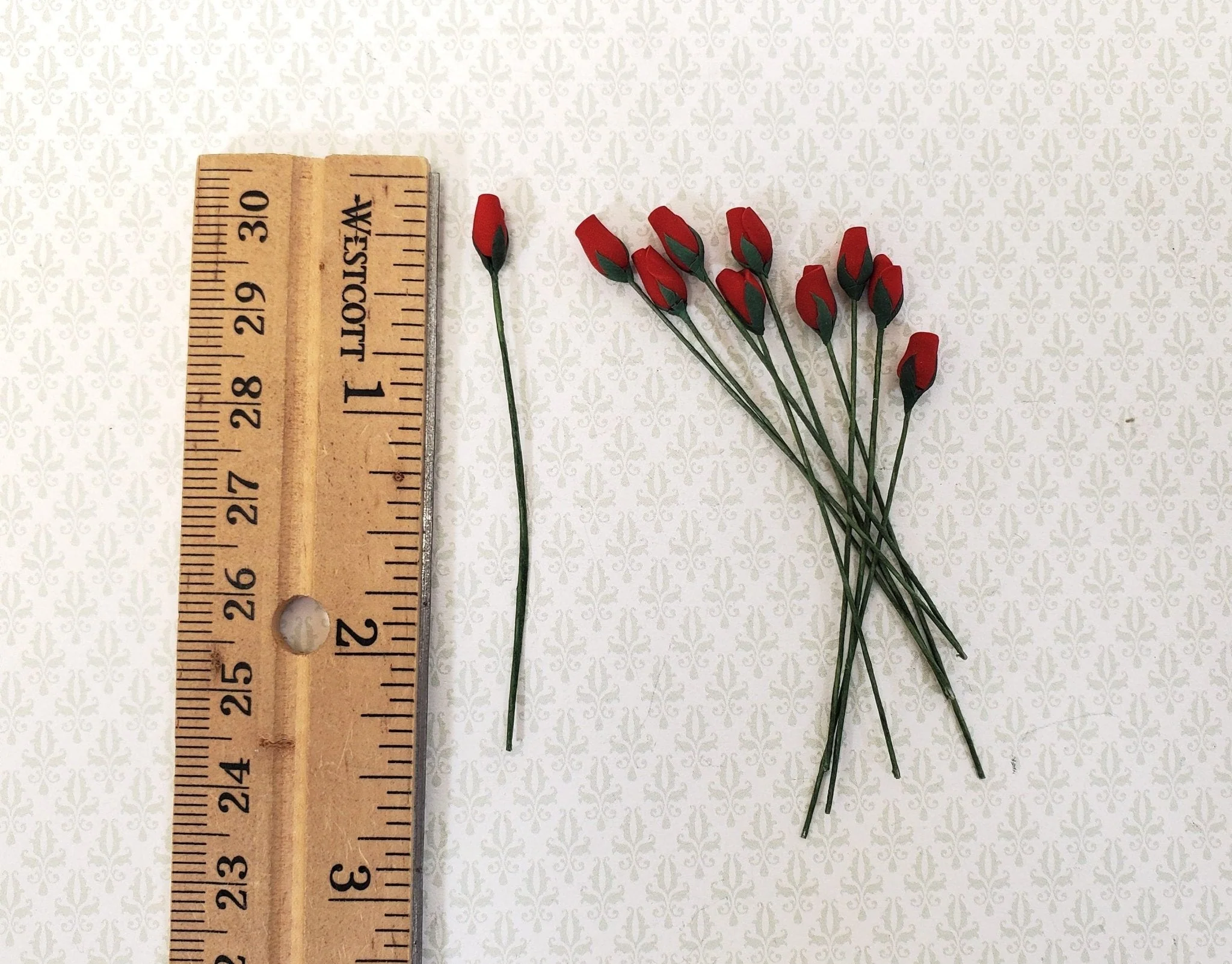 Dollhouse Red Rose Buds Flowers Set of 10 with Stems 1:12 Scale Miniature Garden - Image 3