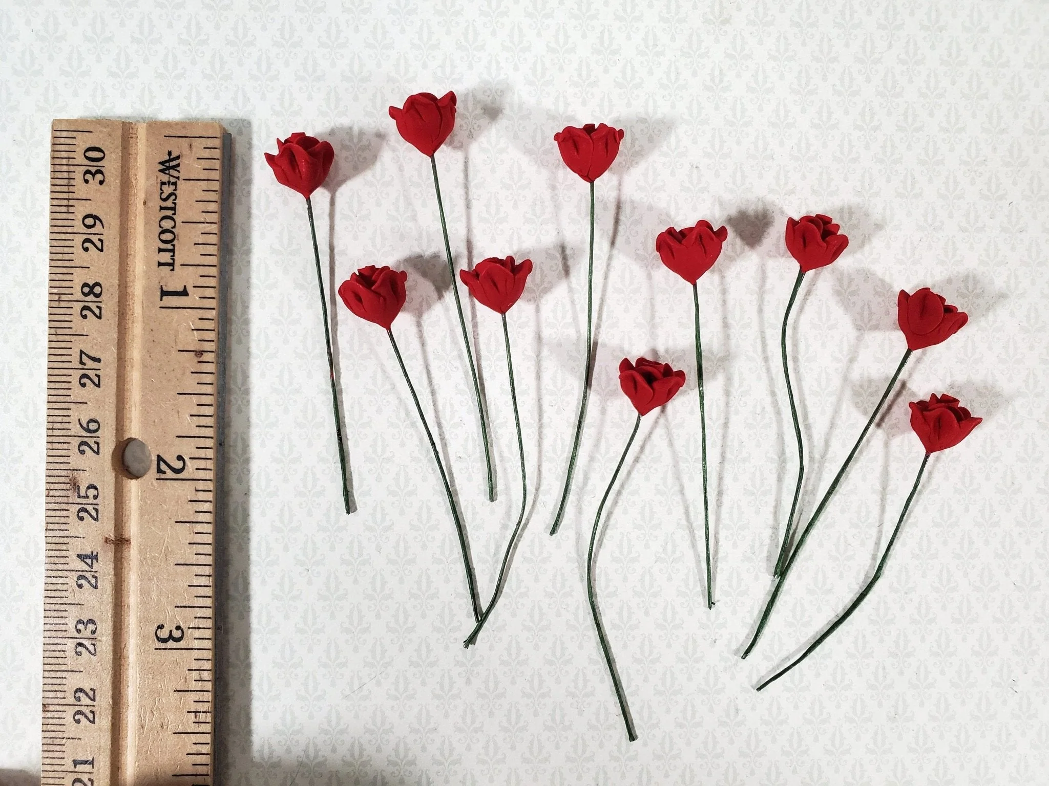 Dollhouse Red Roses Flowers Set of 10 with Stems 1:12 Scale Miniature Garden - Image 2