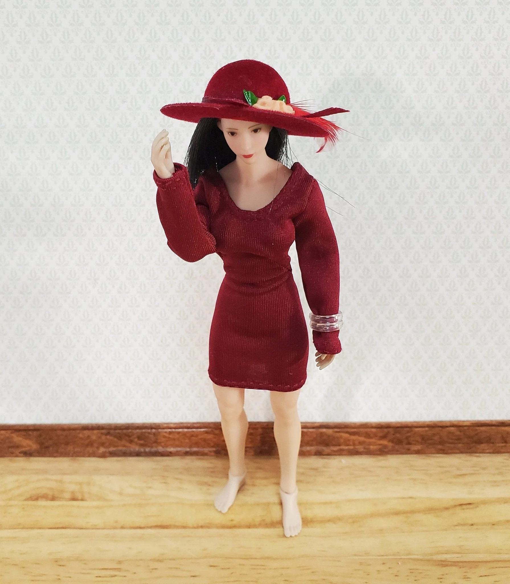 Dollhouse Red Velvet Hat with Feather & Flowers Wearable 1:12 Scale Miniature - Image 3
