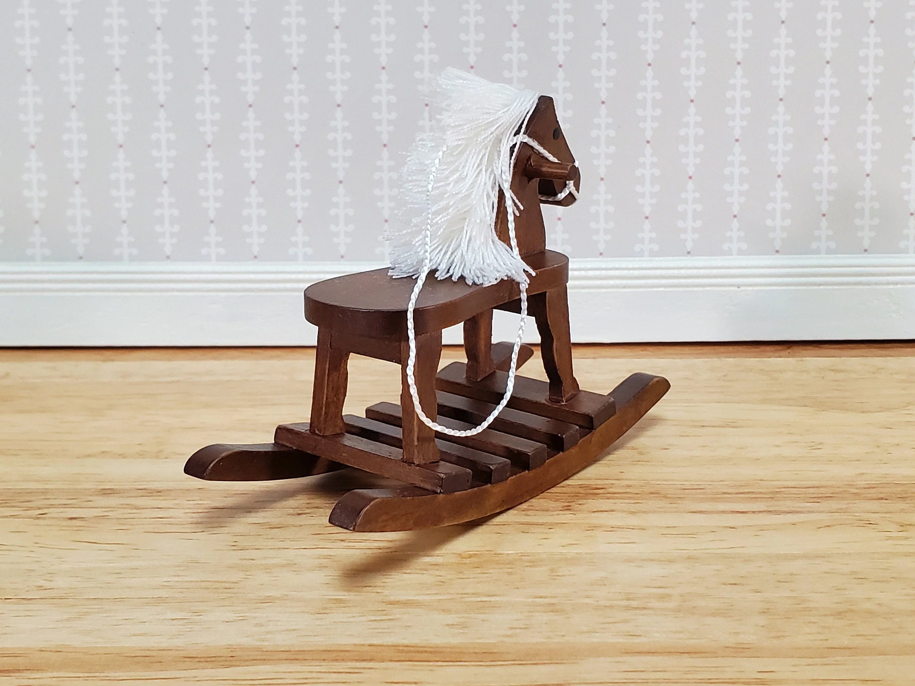 Dollhouse Rocking Horse Toy Walnut Finish 1:12 Scale Miniature Wood for Nursery - Image 2