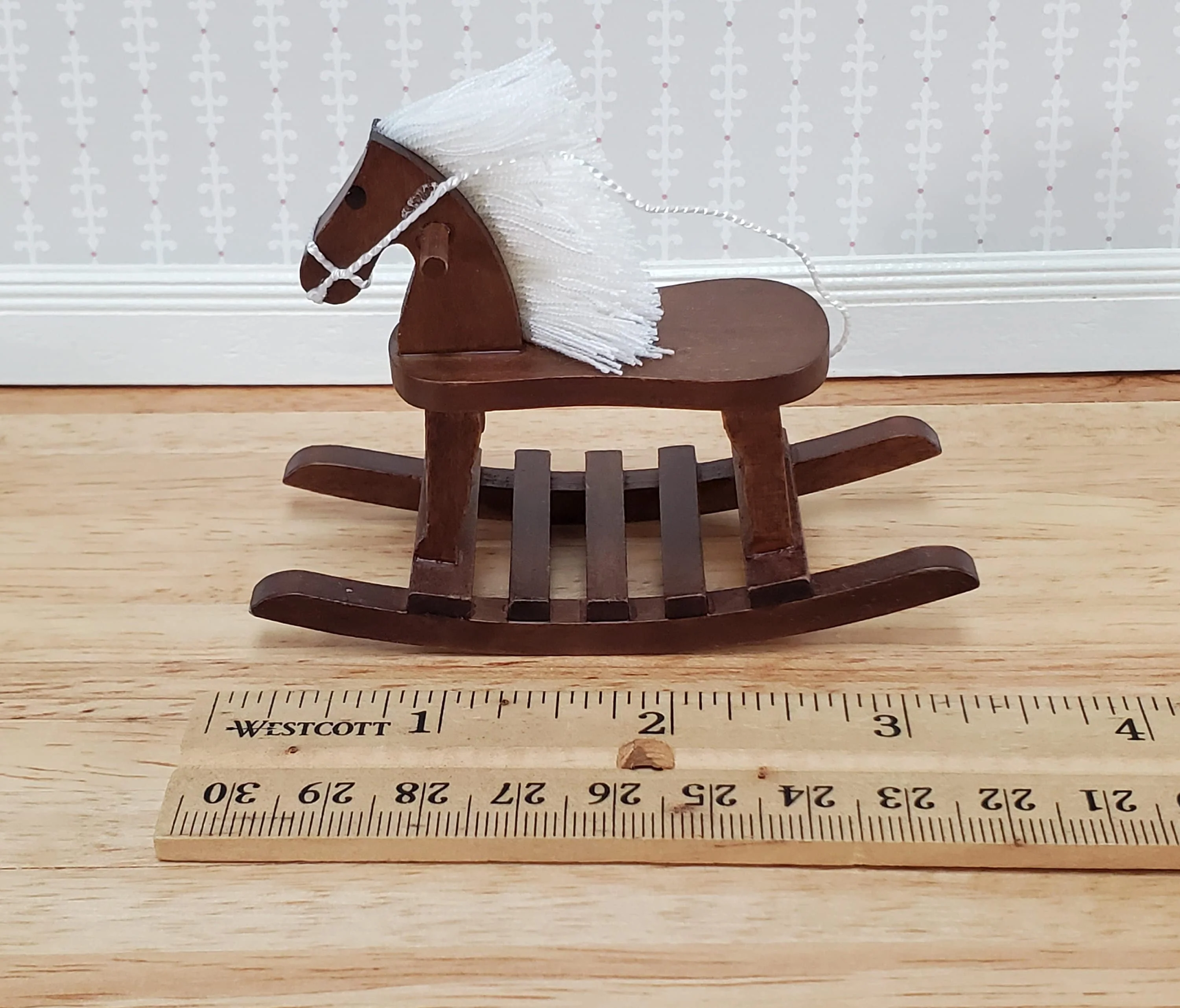 Dollhouse Rocking Horse Toy Walnut Finish 1:12 Scale Miniature Wood for Nursery - Image 3