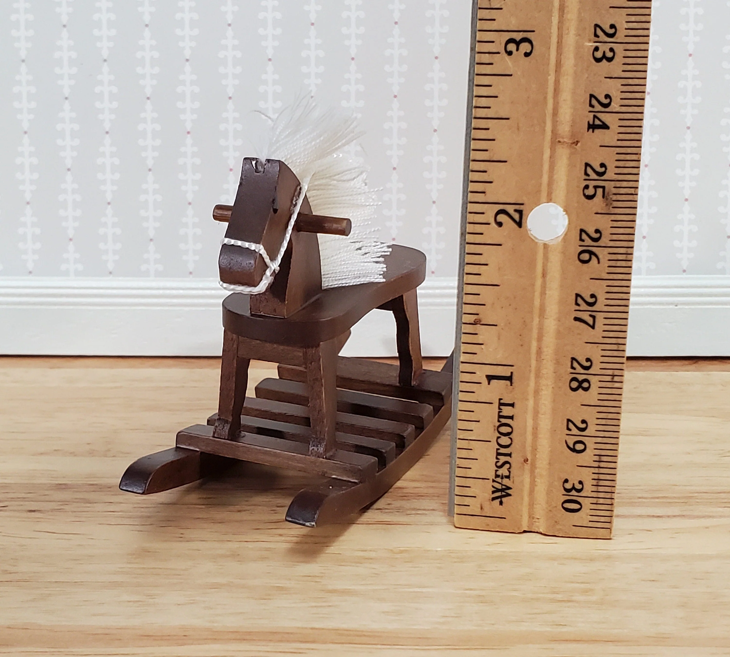 Dollhouse Rocking Horse Toy Walnut Finish 1:12 Scale Miniature Wood for Nursery - Image 4