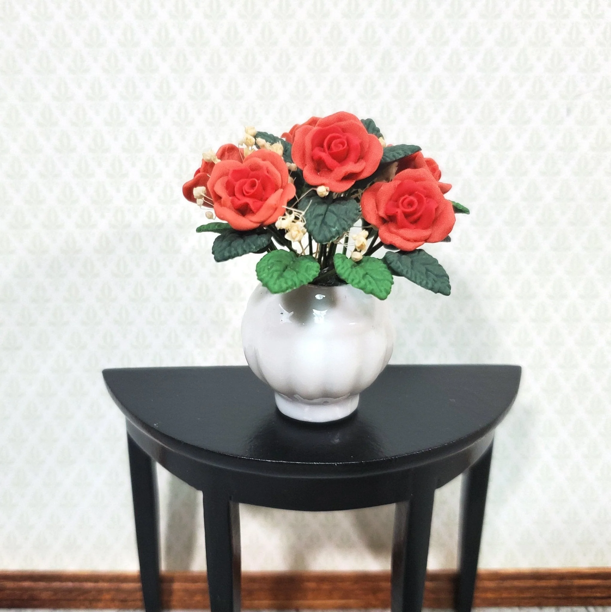 Dollhouse Roses Half Dozen in Ceramic White Vase 1:12 Scale Miniature Flowers