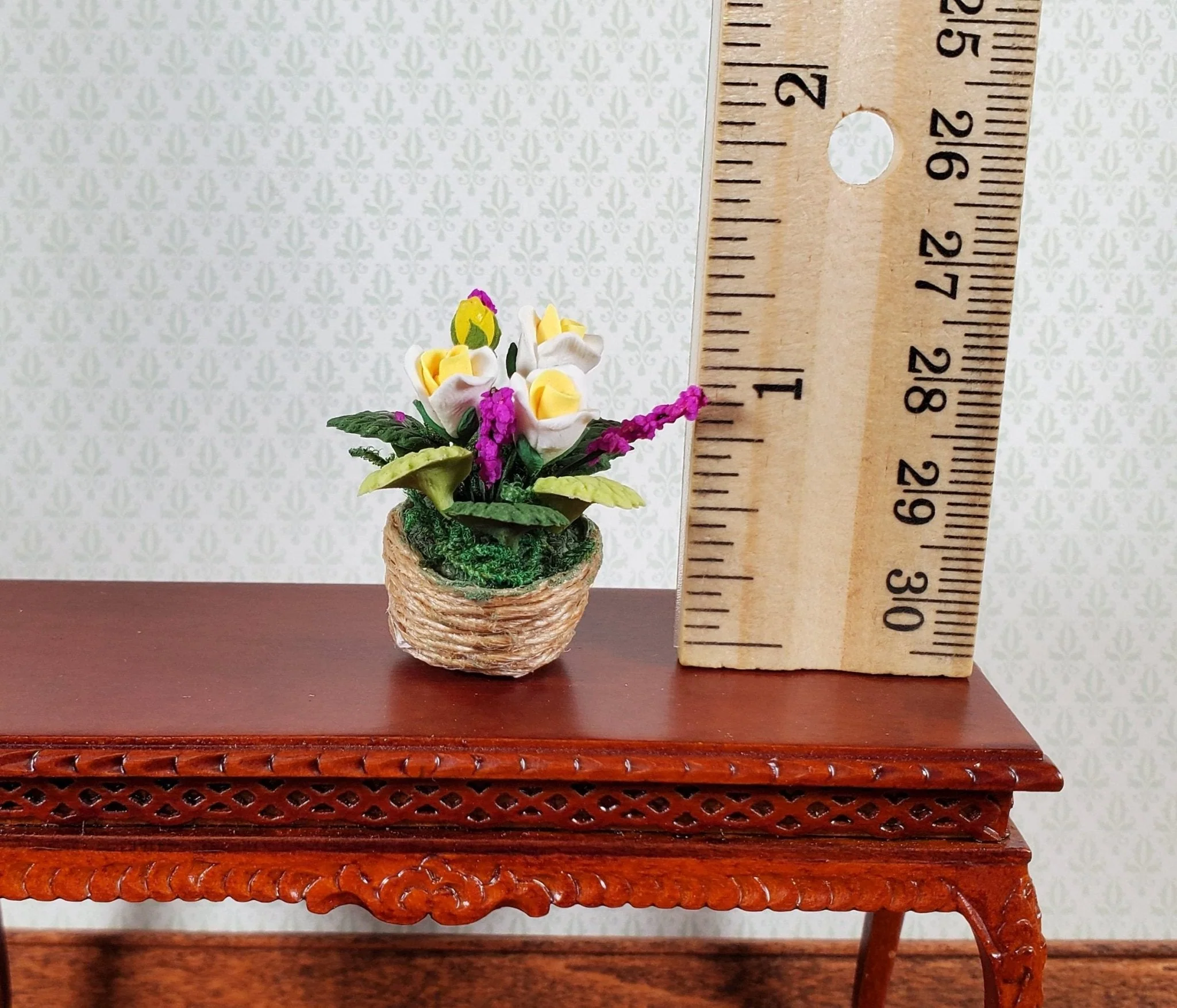 Dollhouse Roses in Natural Fiber Basket White Yellow Purple Flowers 1:12 Scale - Image 4