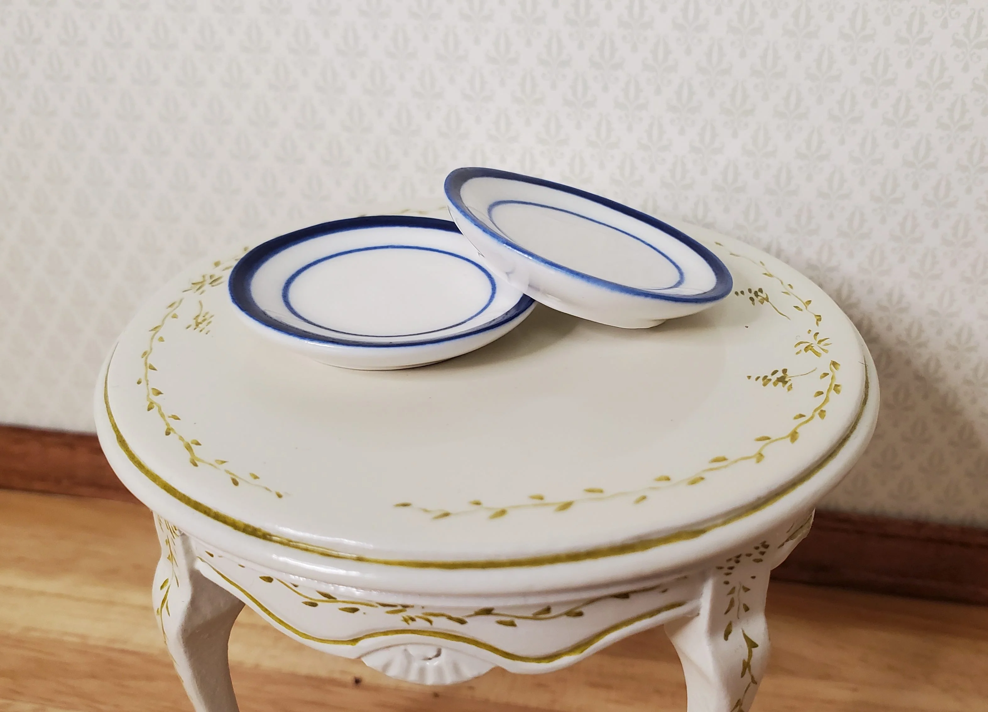 Dollhouse Round Blue & White Ceramic Platter x2 1:12 Scale Miniature