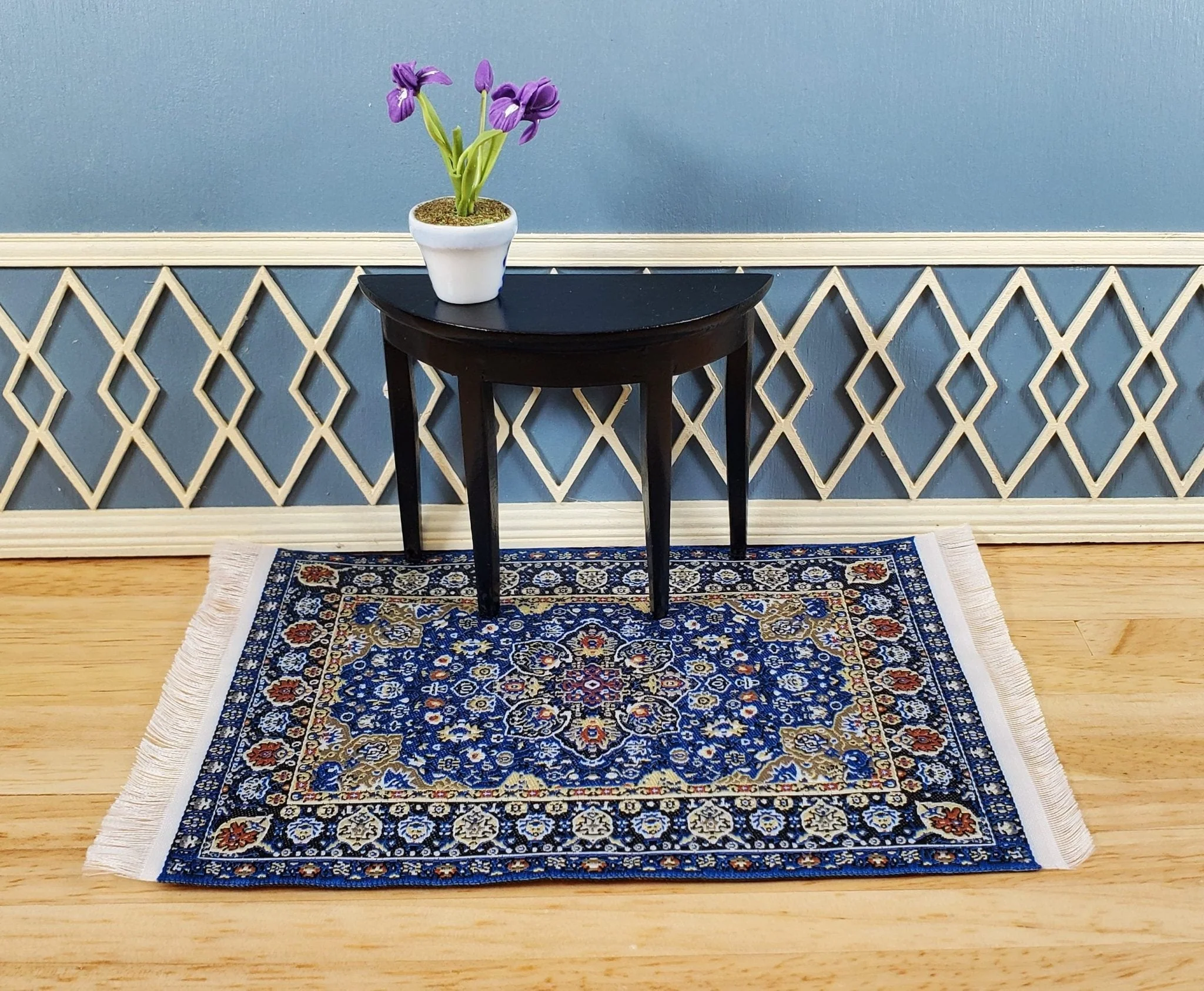 Dollhouse Rug Blue Navy Rust Beige 6" x 3 3/4" Woven Fabric 1:12 Scale Miniature - Image 3
