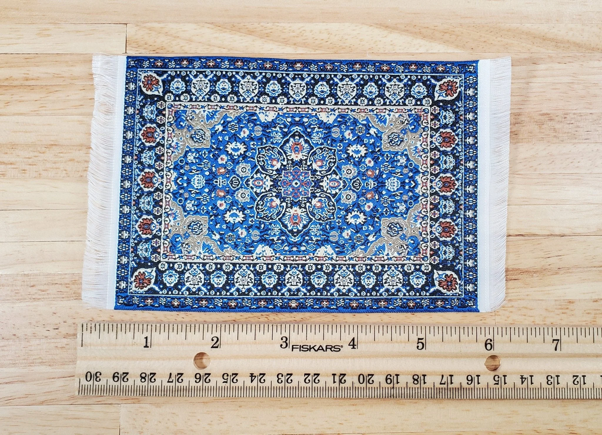 Dollhouse Rug Blue Navy Rust Beige 6" x 3 3/4" Woven Fabric 1:12 Scale Miniature - Image 5