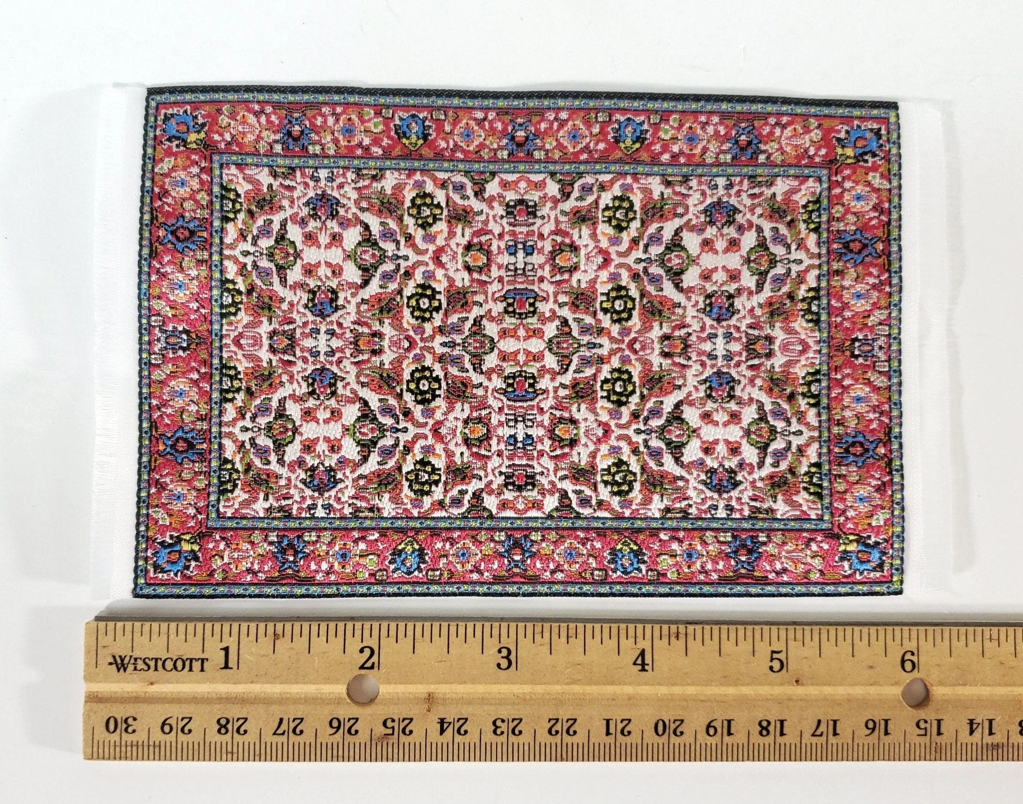 Dollhouse Rug Small Dark Pink White Green 6 1/4" x 3 3/4" with Fringe 1:12 Scale Miniature - Image 2
