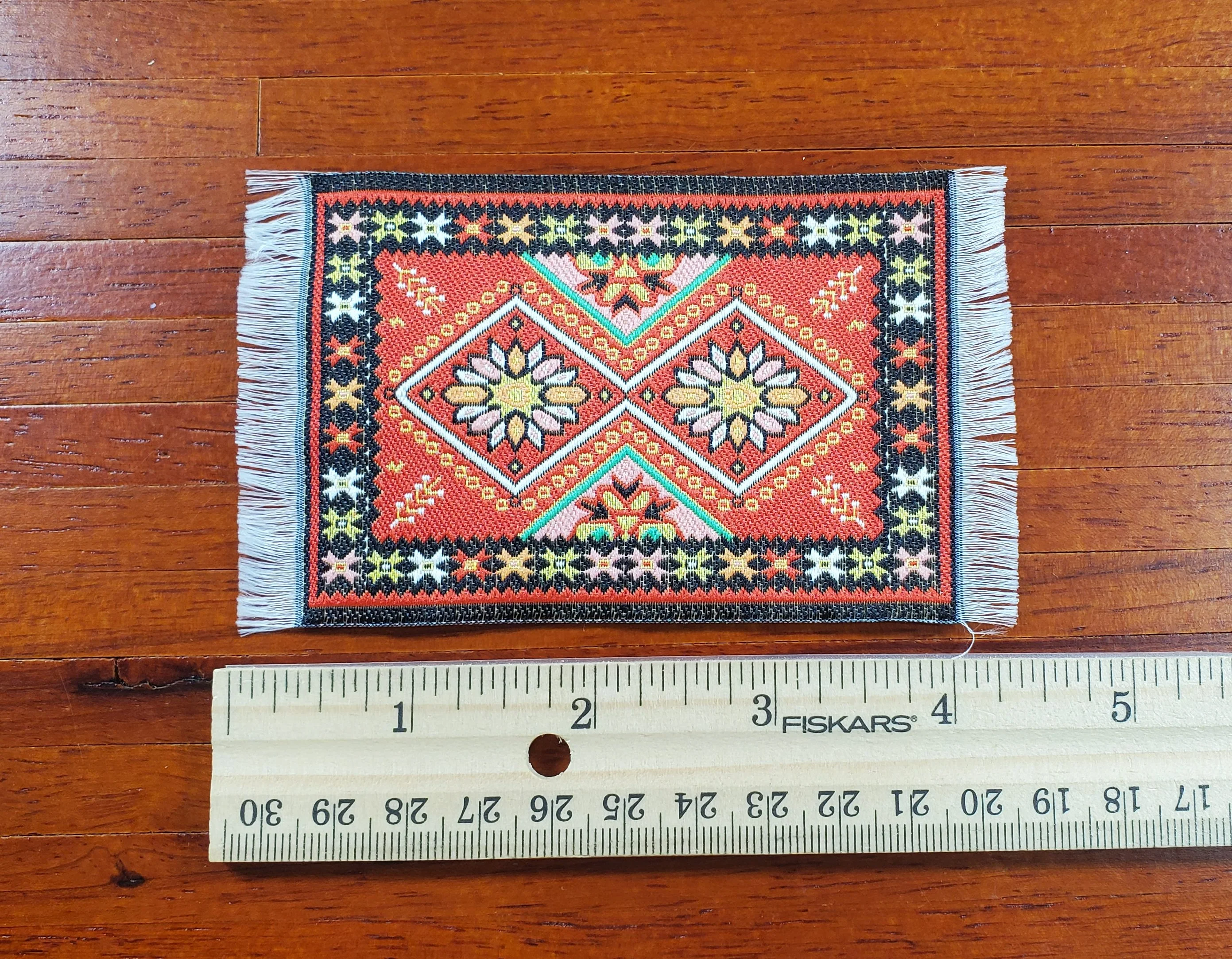 Dollhouse Rug Small HALF SCALE Fabric Red Black 4 1/2" x 2 1/2" 1:24 Miniature - Image 3