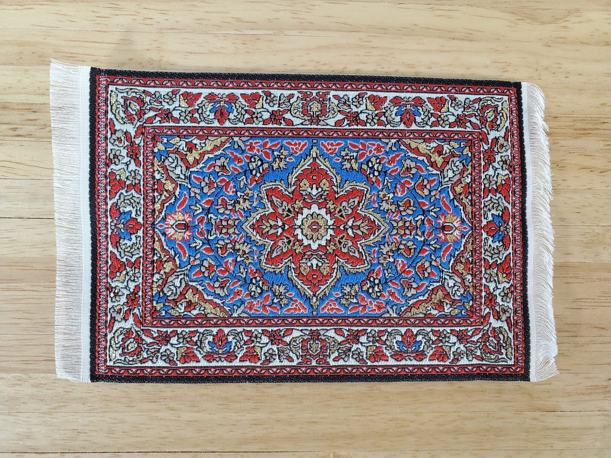 Dollhouse Rug with Fringe Blue Red Gold 6" x 4" Woven Fabric 1:12 Scale Miniature
