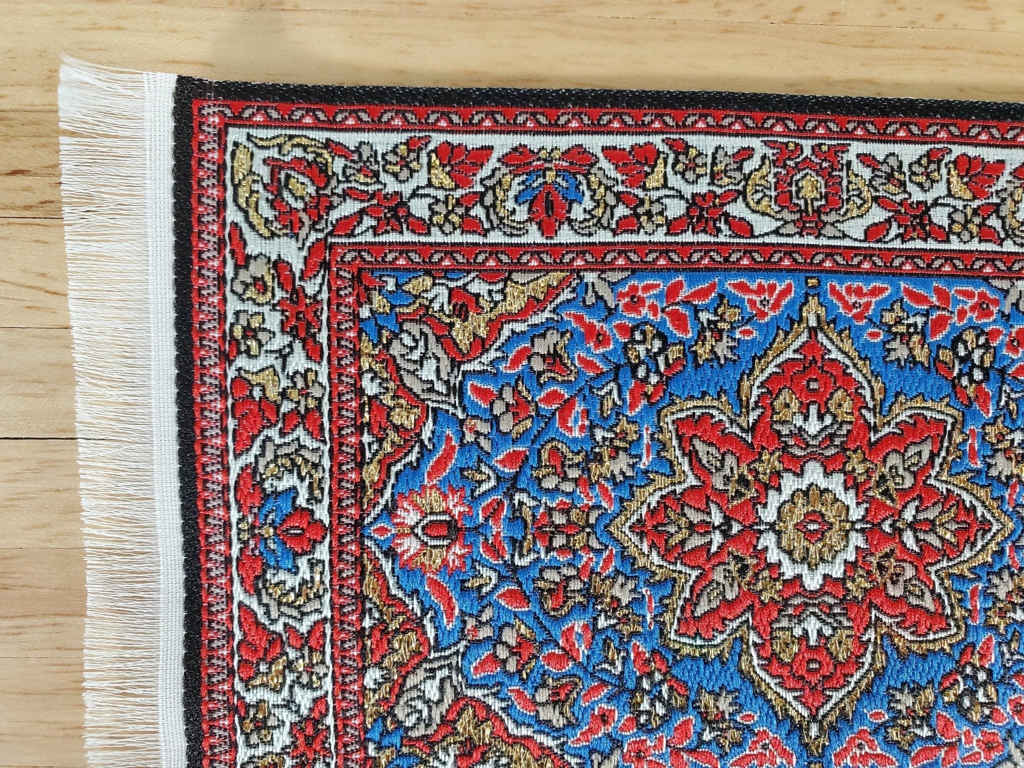 Dollhouse Rug with Fringe Blue Red Gold 6" x 4" Woven Fabric 1:12 Scale Miniature - Image 2