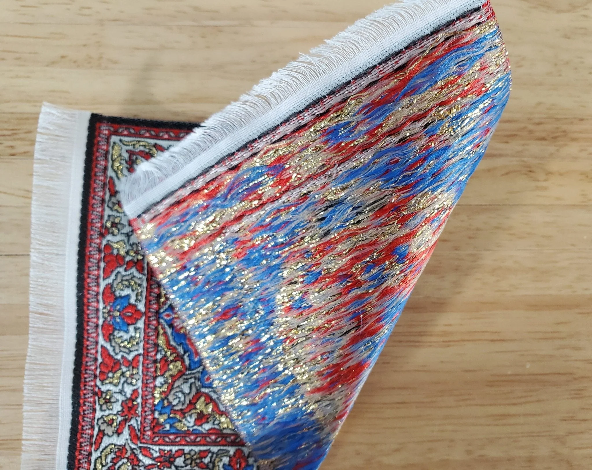 Dollhouse Rug with Fringe Blue Red Gold 6" x 4" Woven Fabric 1:12 Scale Miniature - Image 3