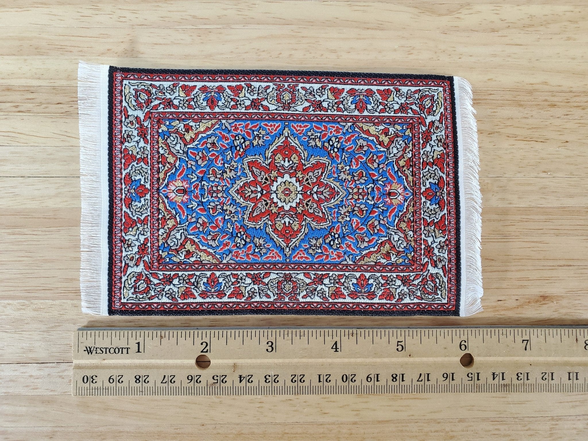 Dollhouse Rug with Fringe Blue Red Gold 6" x 4" Woven Fabric 1:12 Scale Miniature - Image 4