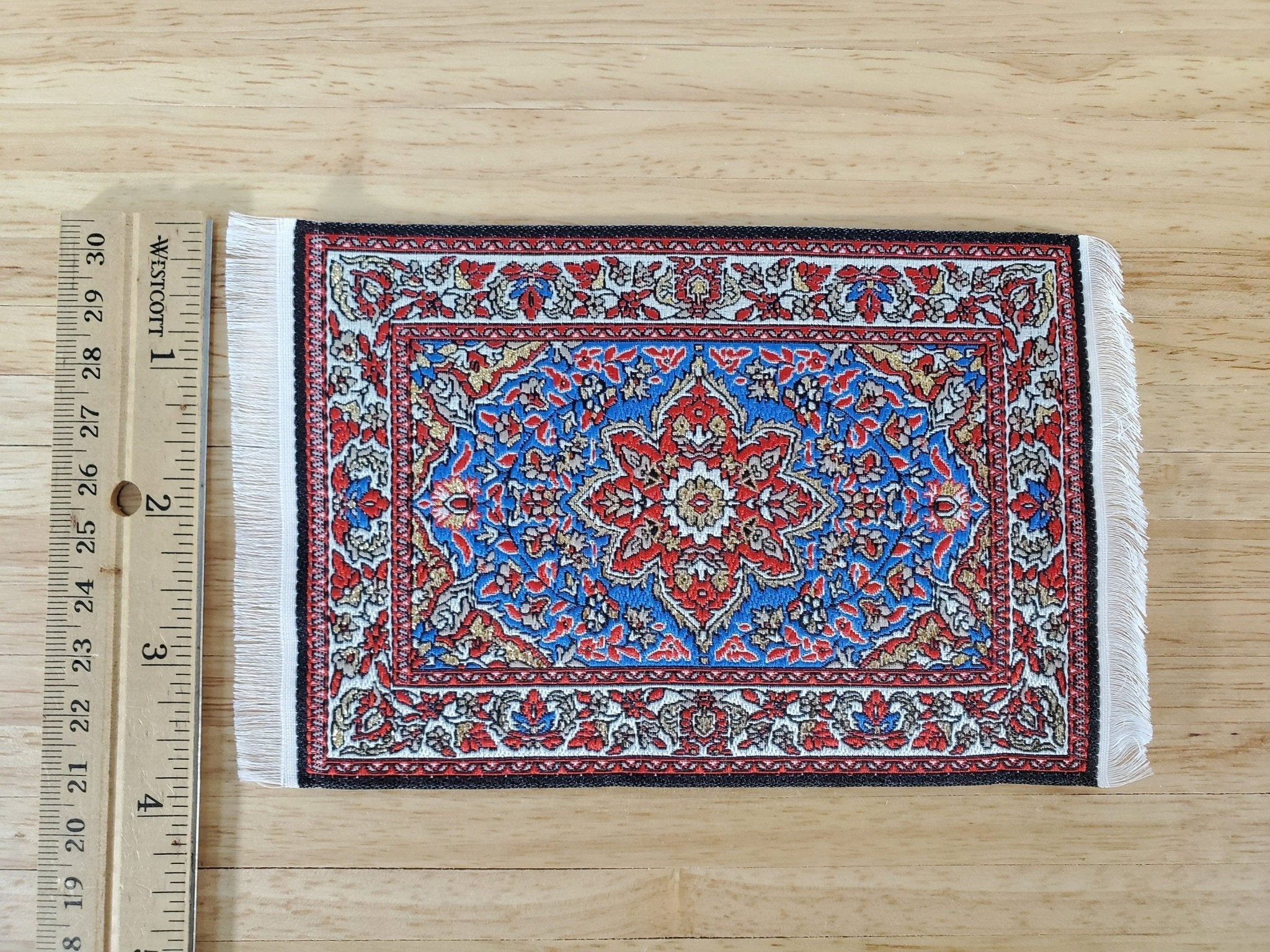Dollhouse Rug with Fringe Blue Red Gold 6" x 4" Woven Fabric 1:12 Scale Miniature - Image 5