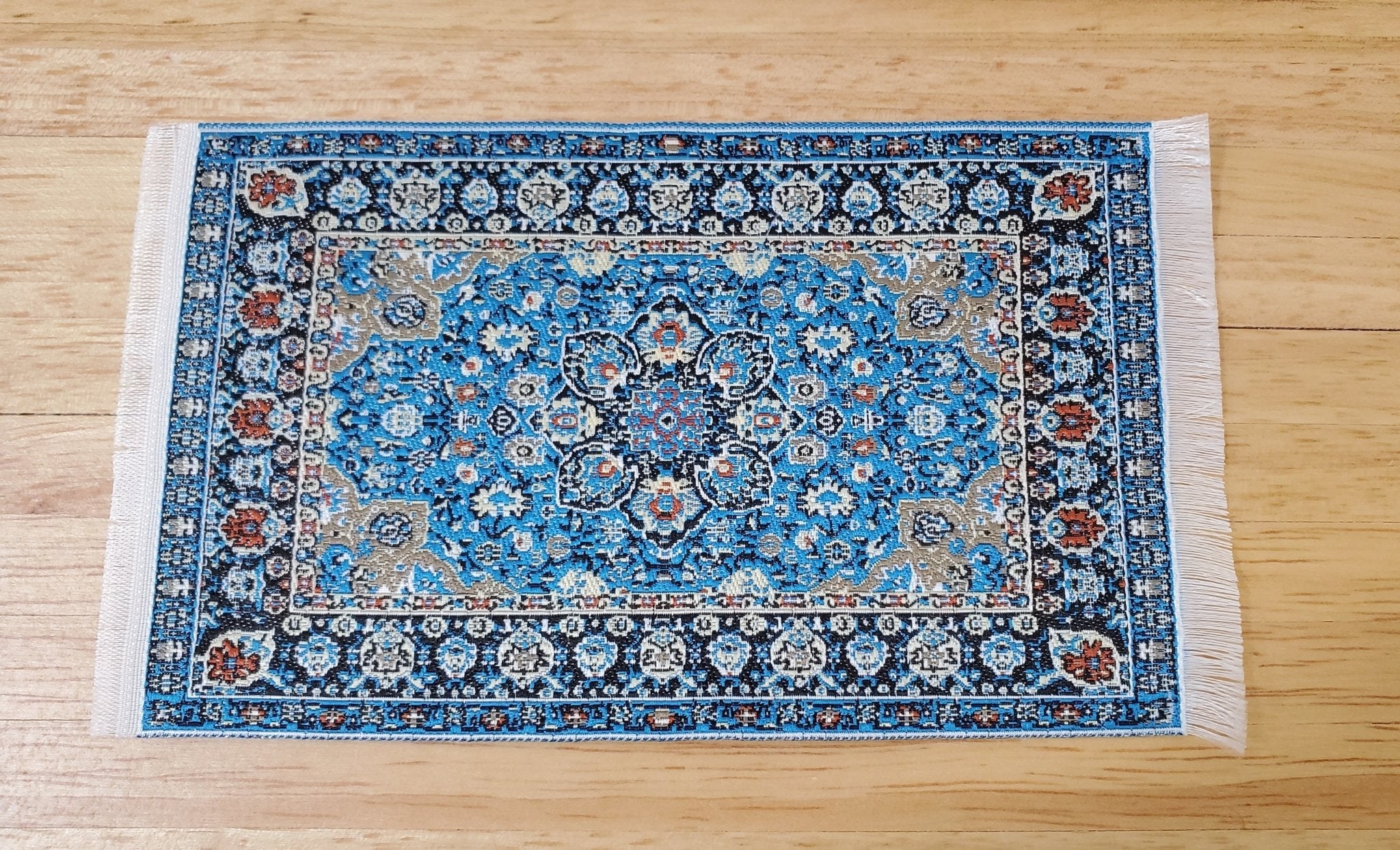 Dollhouse Rug with Fringe Blue White Gold 5.25" x 3" Woven Fabric 1:12 Scale Miniature