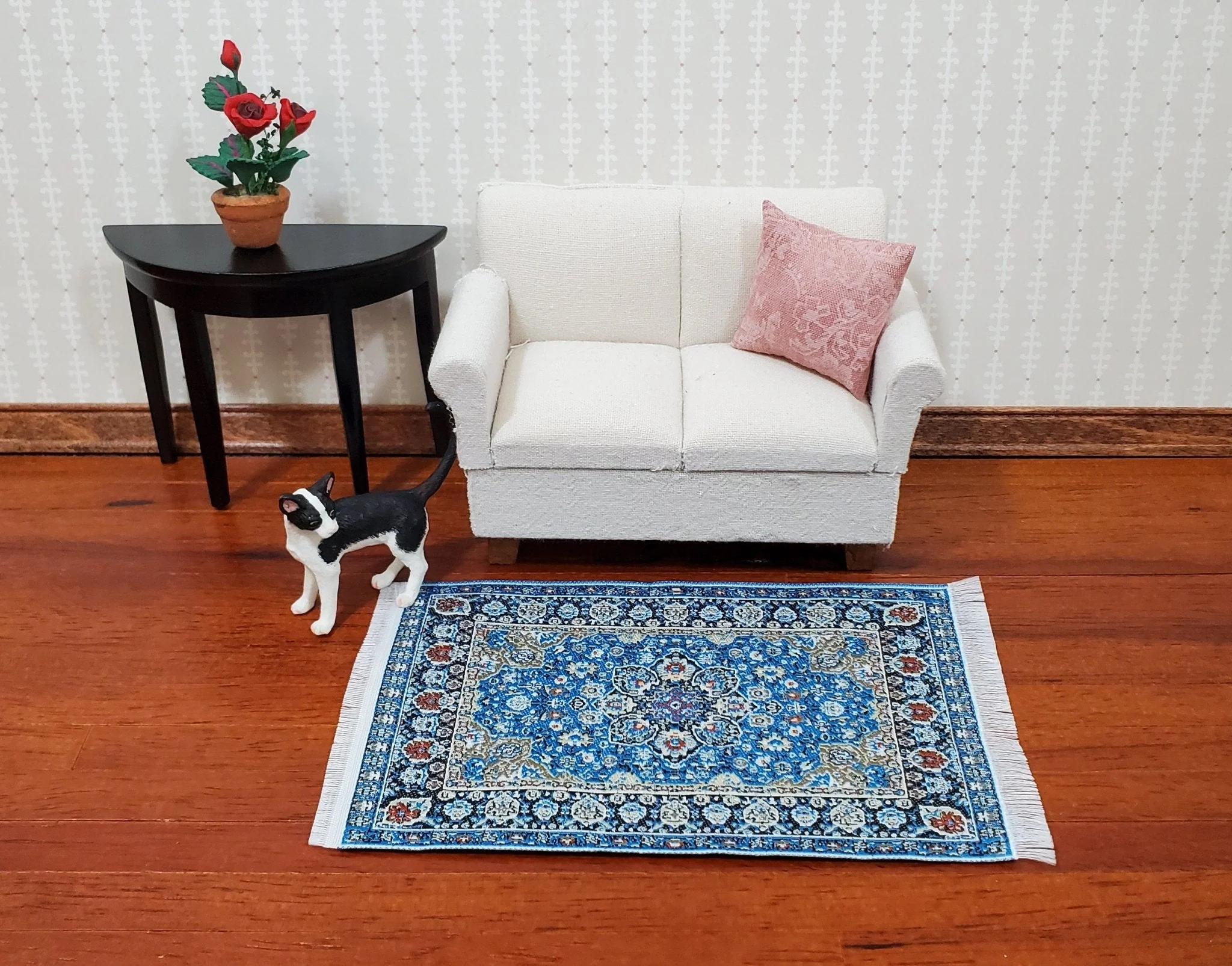 Dollhouse Rug with Fringe Blue White Gold 5.25" x 3" Woven Fabric 1:12 Scale Miniature - Image 2