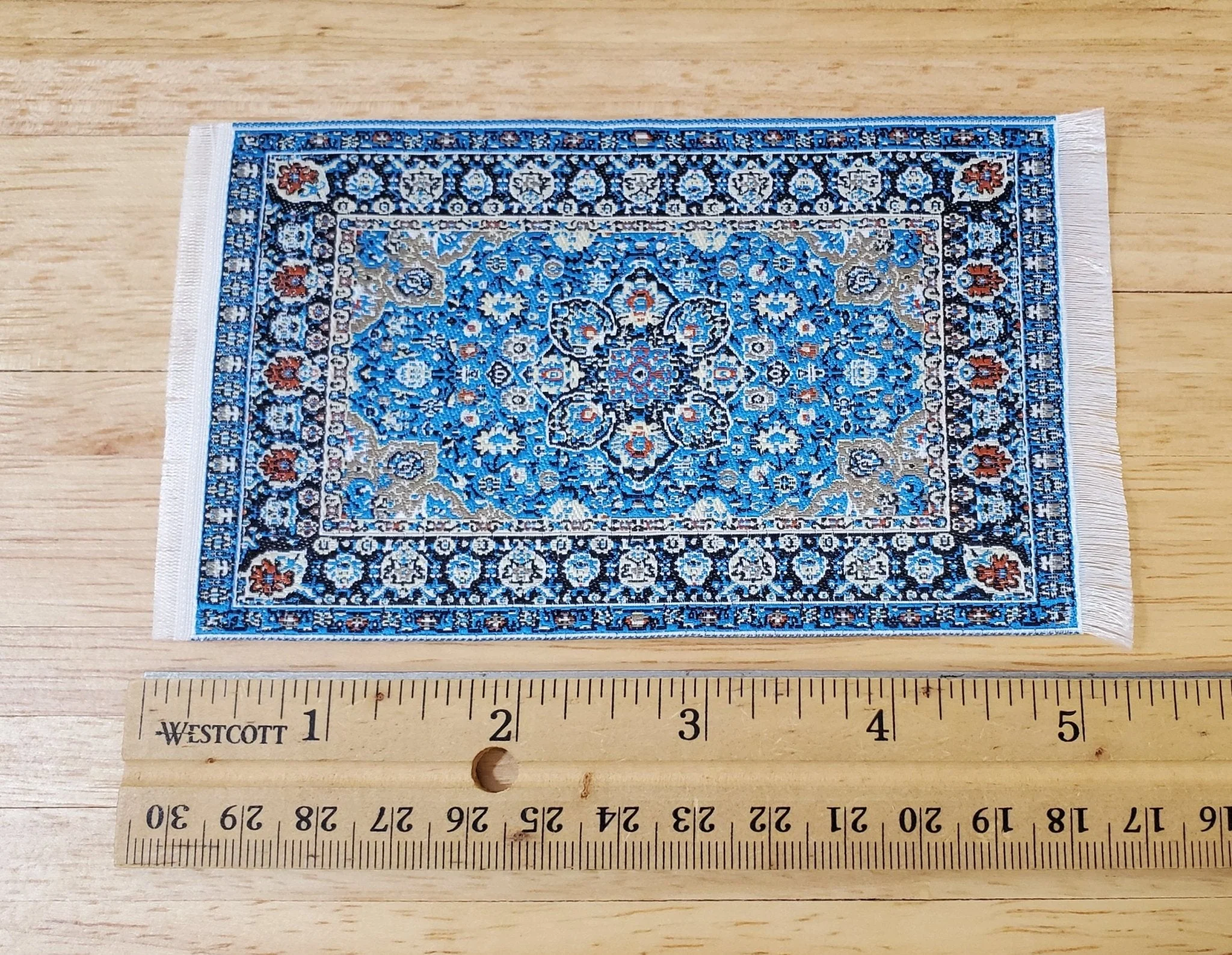 Dollhouse Rug with Fringe Blue White Gold 5.25" x 3" Woven Fabric 1:12 Scale Miniature - Image 3