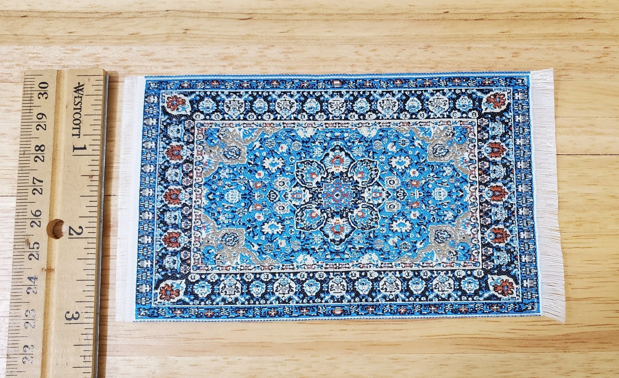Dollhouse Rug with Fringe Blue White Gold 5.25" x 3" Woven Fabric 1:12 Scale Miniature - Image 4