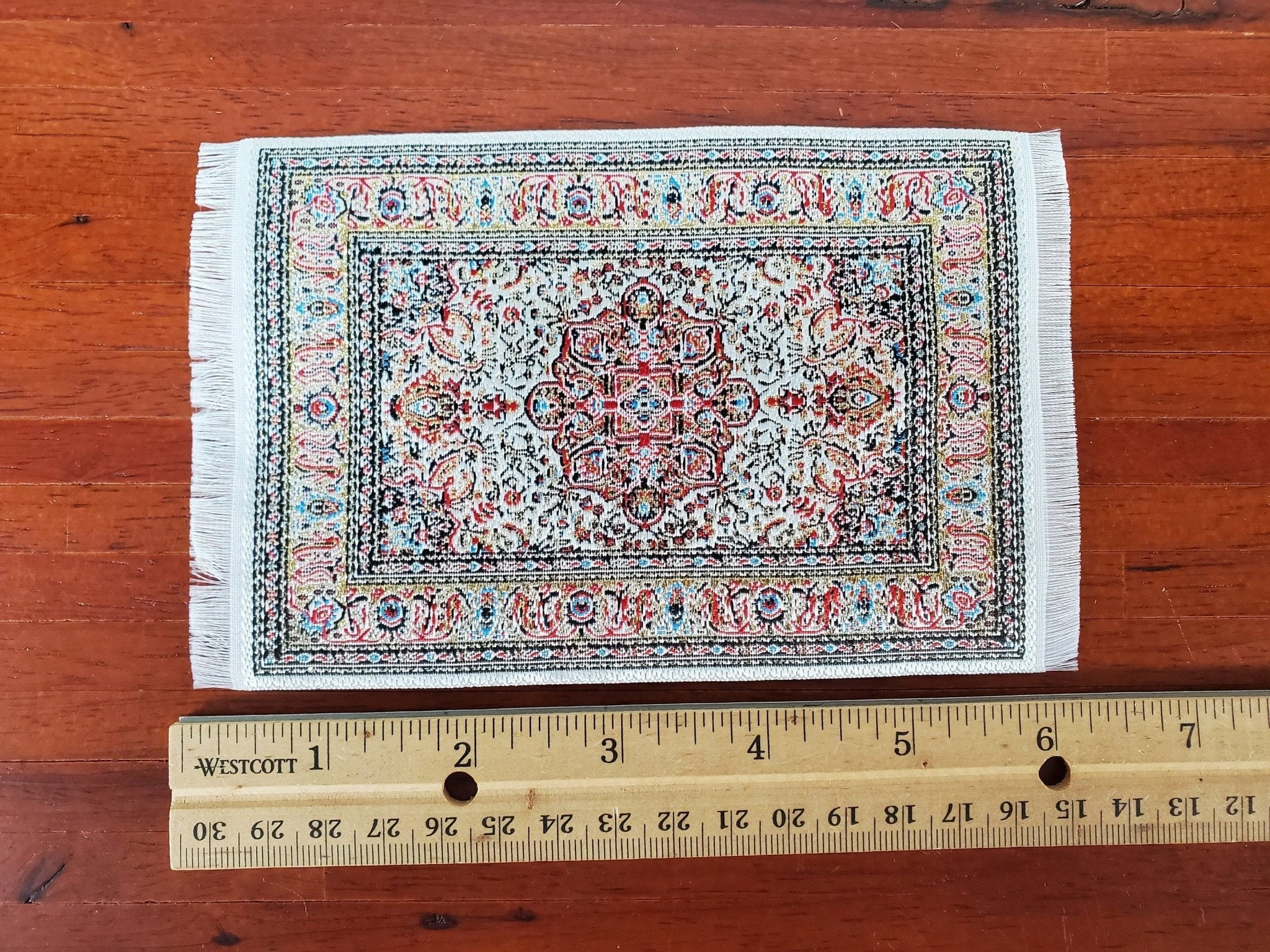 Dollhouse Rug with Fringe Cream Rust & Gold 6" x 4" Woven Fabric 1:12 Scale Miniature - Image 3