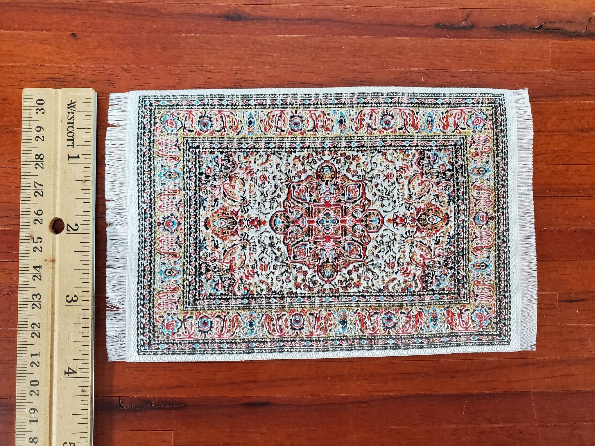 Dollhouse Rug with Fringe Cream Rust & Gold 6" x 4" Woven Fabric 1:12 Scale Miniature - Image 4