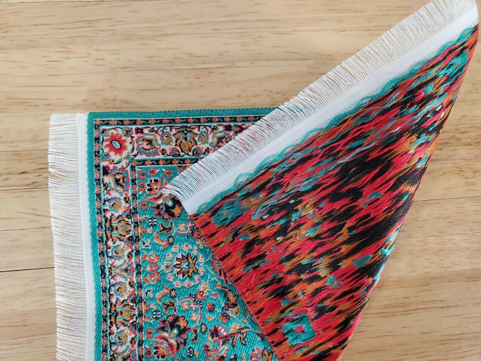 Dollhouse Rug with Fringe Green Rust 6" x 4" Woven Fabric 1:12 Scale Miniature - Image 5
