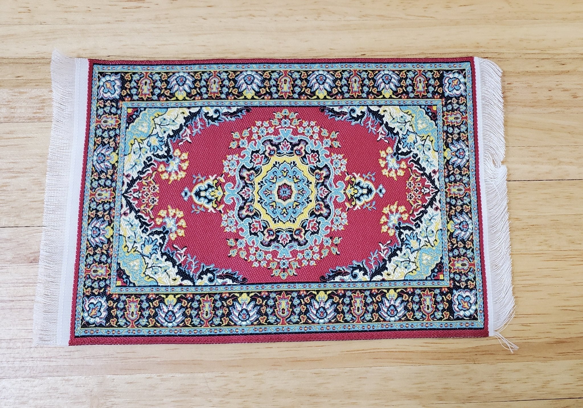 Dollhouse Rug with Fringe Maroon Blue & Gold 6" x 4" Woven Fabric 1:12 Scale Miniature