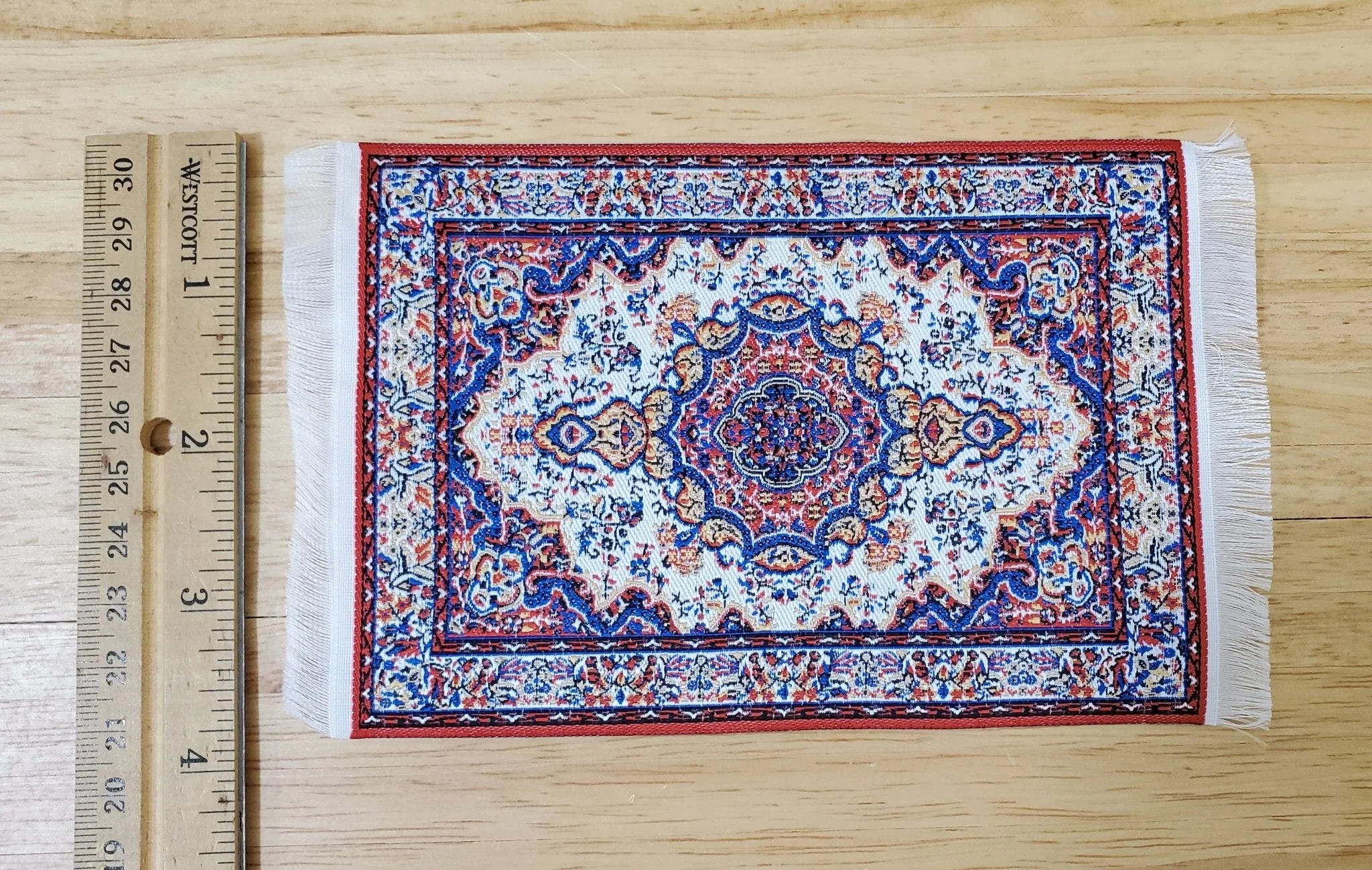 Dollhouse Rug with Fringe Red White Blue 6" x 4" Woven Fabric 1:12 Scale Miniature - Image 3