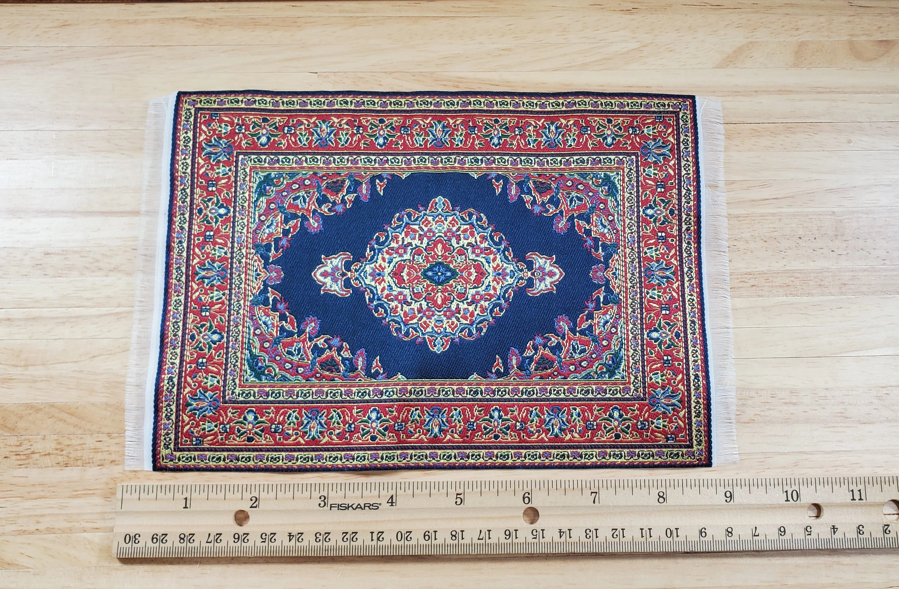Dollhouse Rug Woven Fabric Large Blue Red Gold 9 1/4" x 5 7/8" 1:12 Scale - Image 4